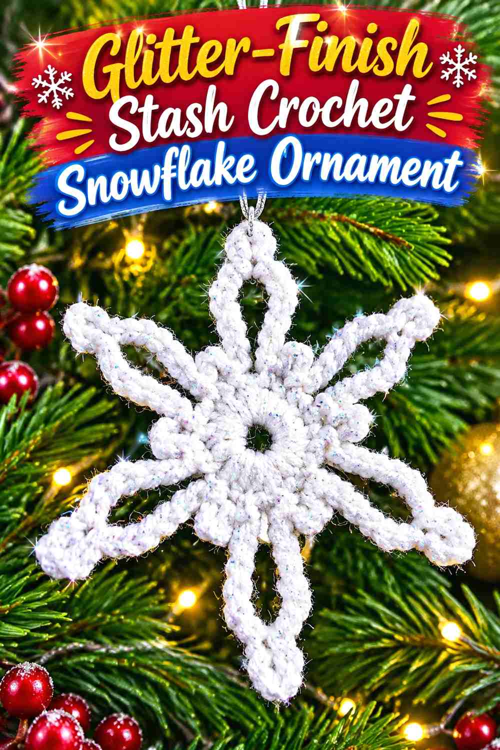 17. Glitter-Finish Stash Crochet Snowflake Ornament
