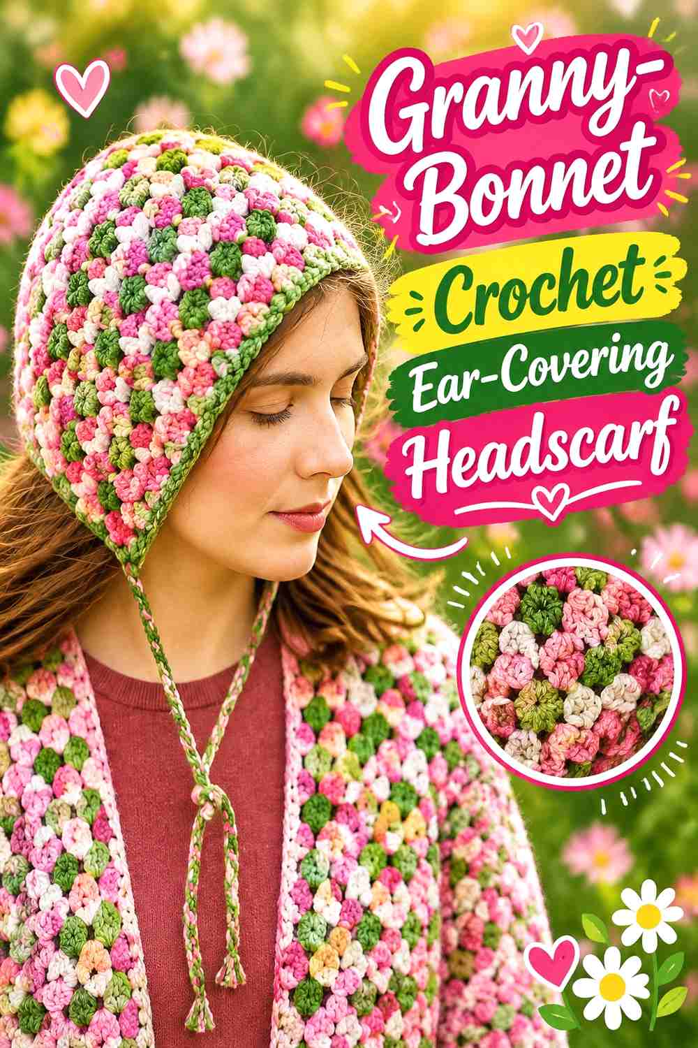 3. Granny-Bonnet Crochet Ear-Covering Headscarf