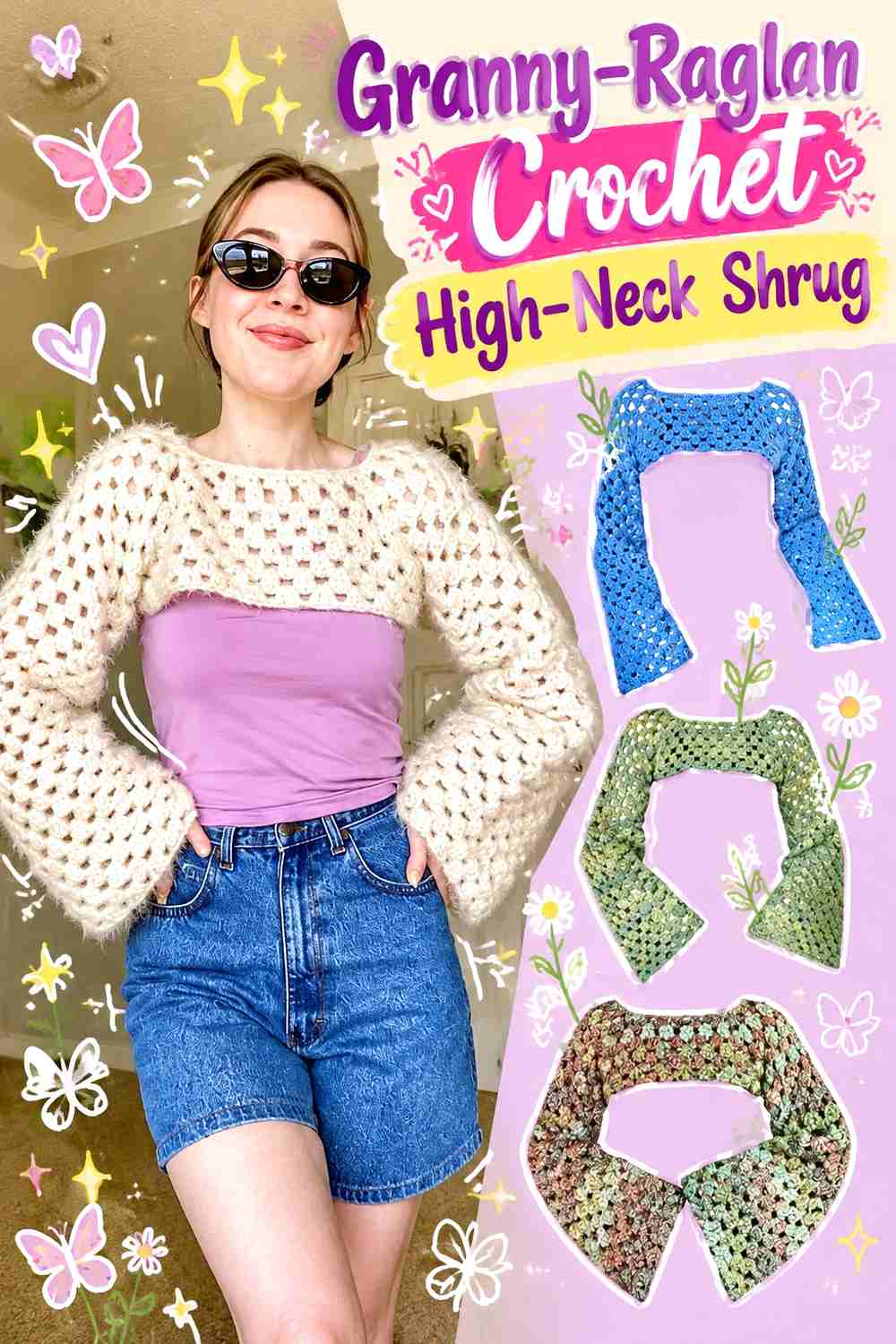 13. Granny-Raglan Crochet High-Neck Shrug