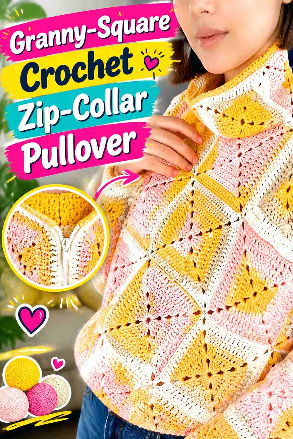 11. Granny-Square Crochet Zip-Collar Pullover