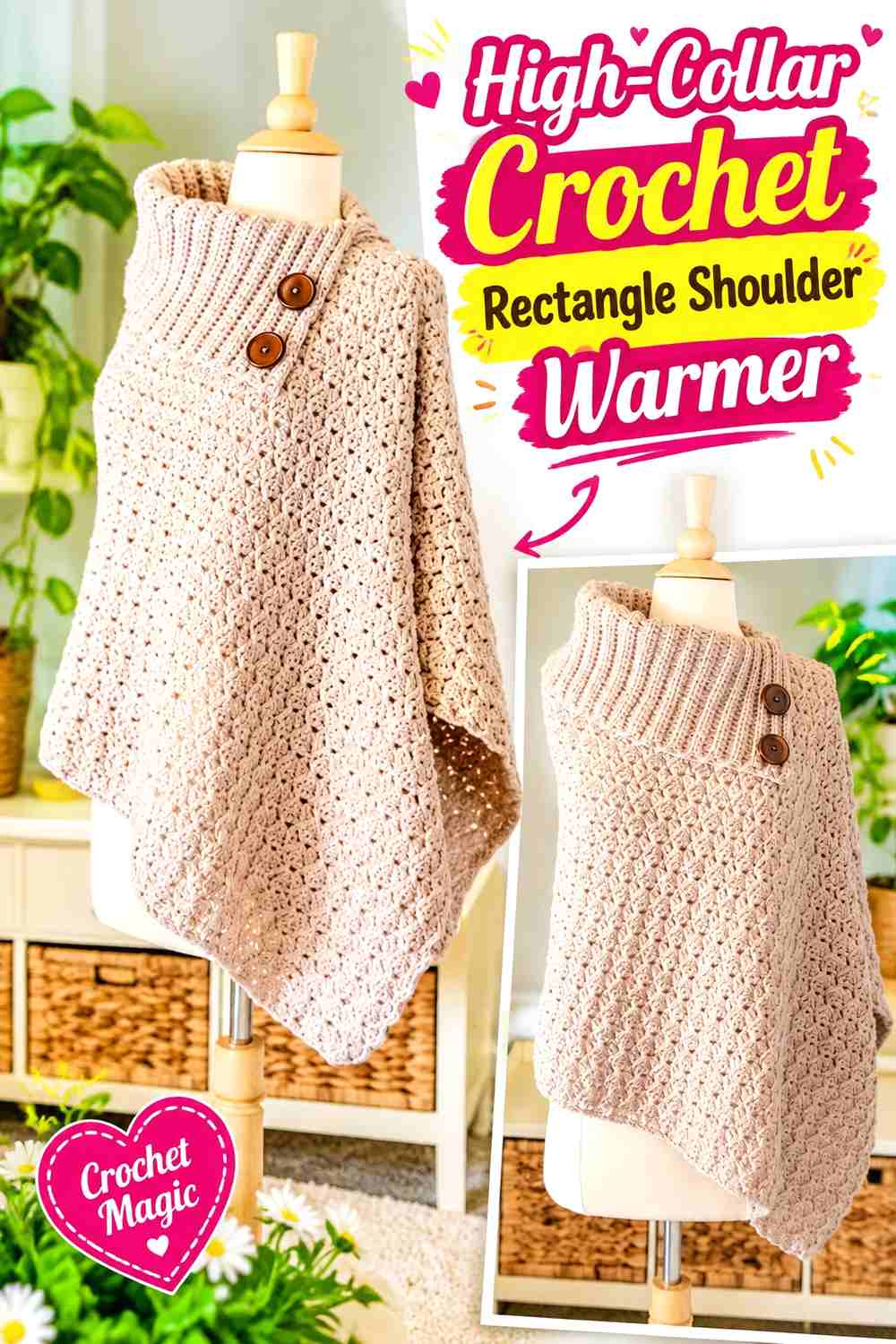13. High-Collar Crochet Rectangle Shoulder Warmer