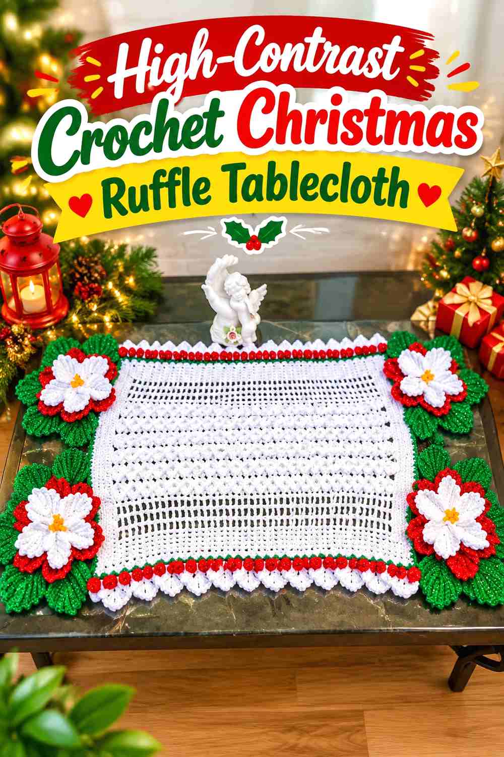 6. High-Contrast Crochet Christmas Ruffle Tablecloth