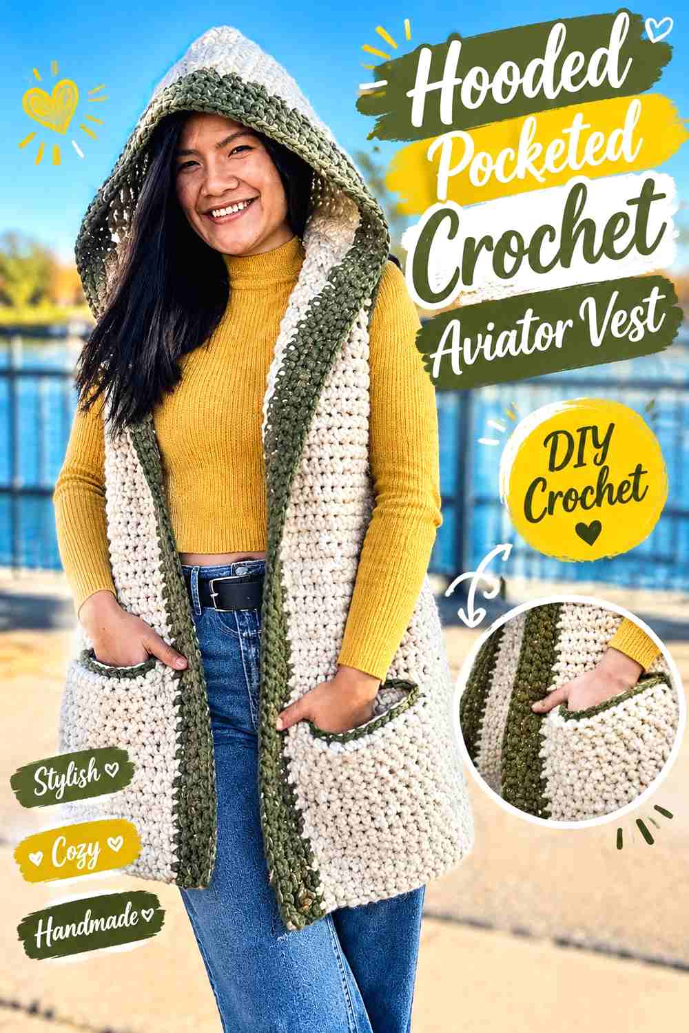 13. Hooded Pocketed Crochet Aviator Vest