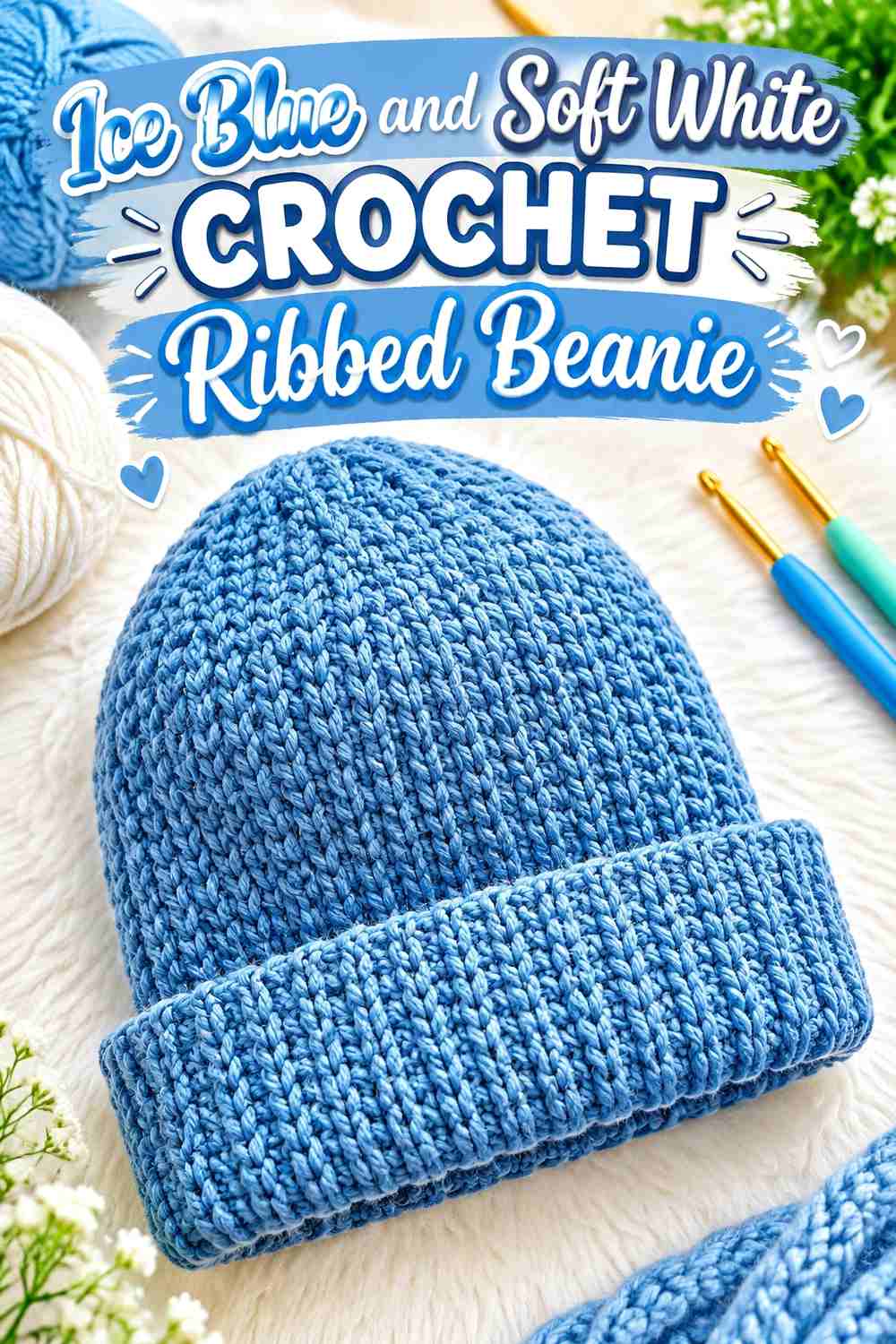 1. Ice Blue And Soft White Crochet Ribbed Beanie