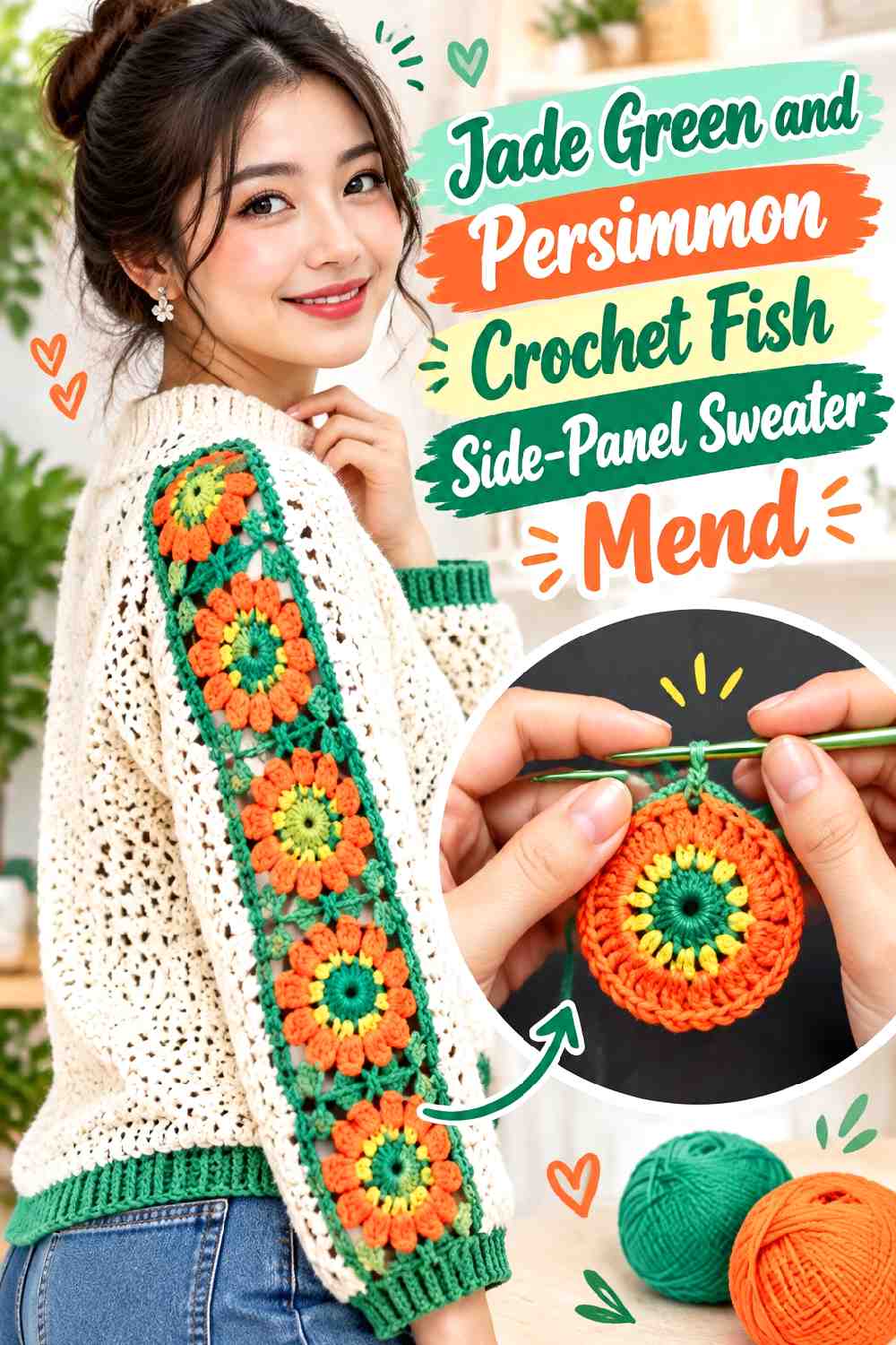 12. Jade Green and Persimmon Crochet Fish Side-Panel Sweater Mend