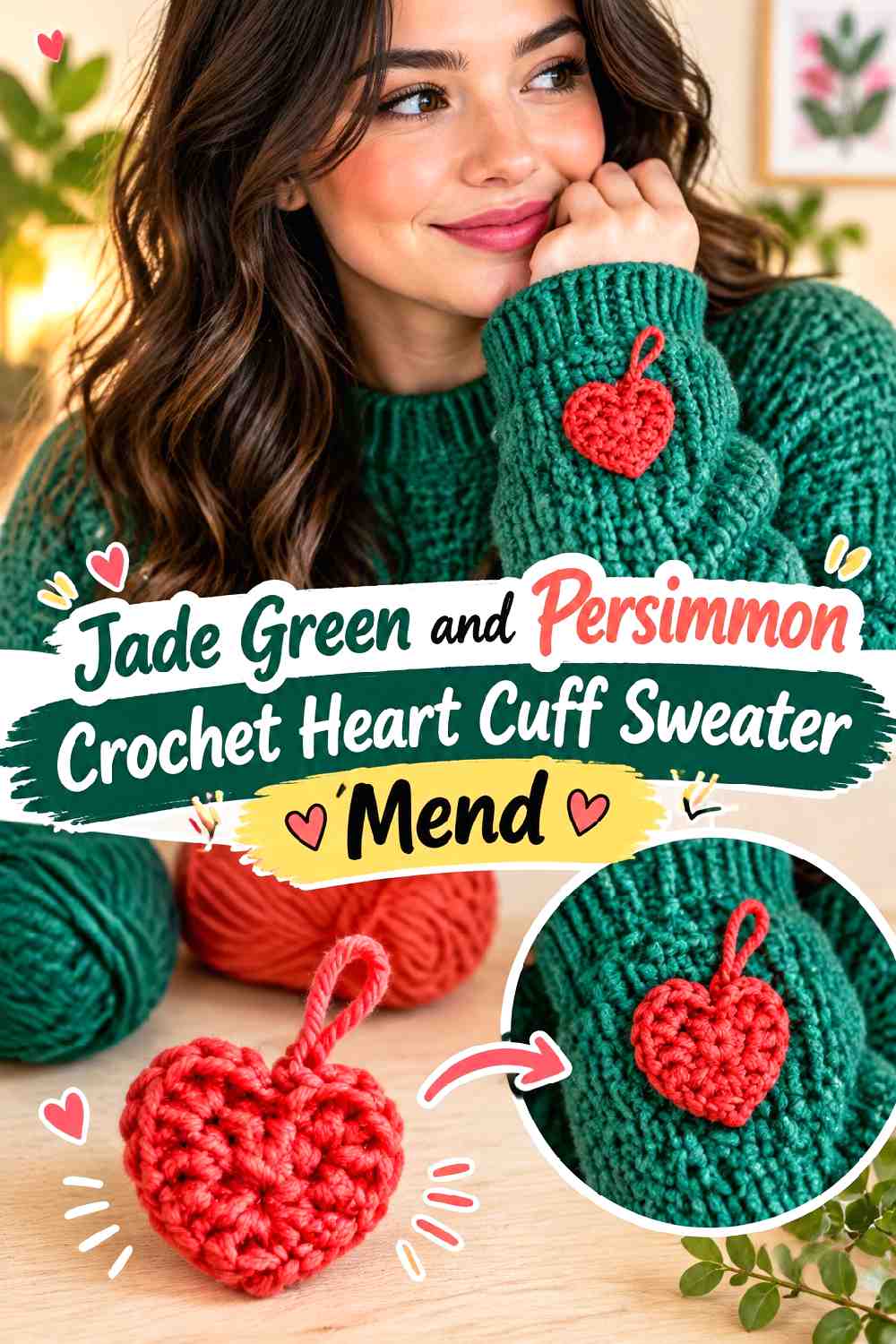 4. Jade Green and Persimmon Crochet Heart Cuff Sweater Mend