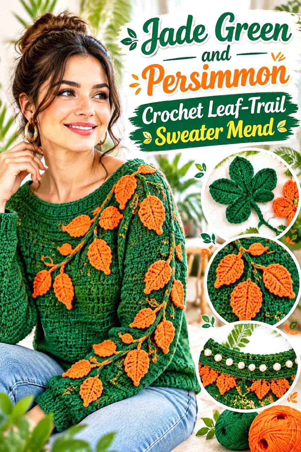 8. Jade Green and Persimmon Crochet Leaf-Trail Sweater Mend