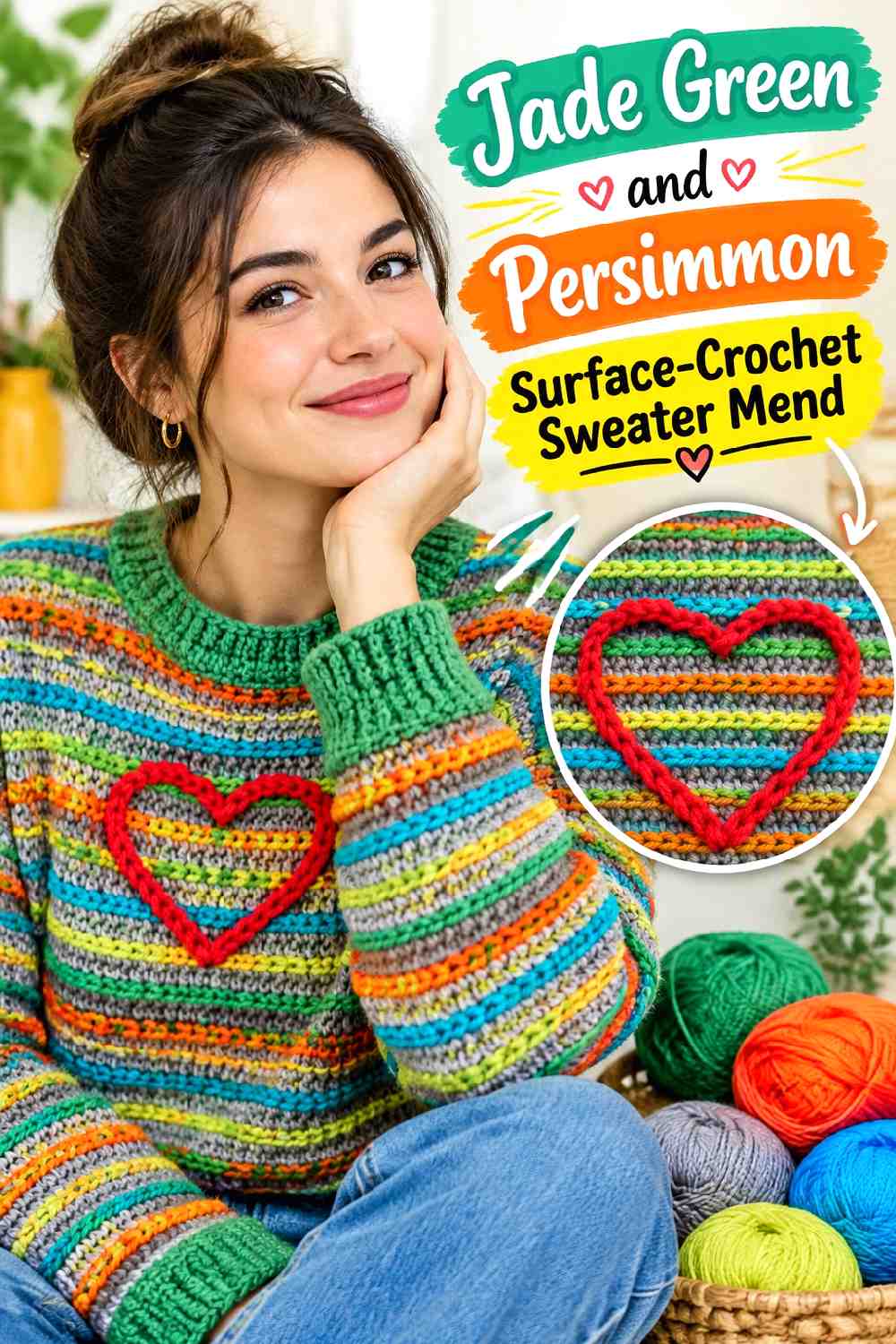2. Jade Green and Persimmon Surface-Crochet Sweater Mend