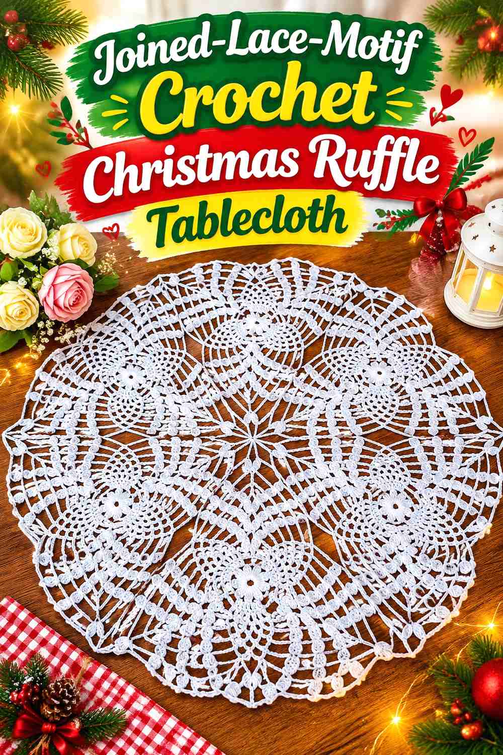 8. Joined-Lace-Motif Crochet Christmas Ruffle Tablecloth