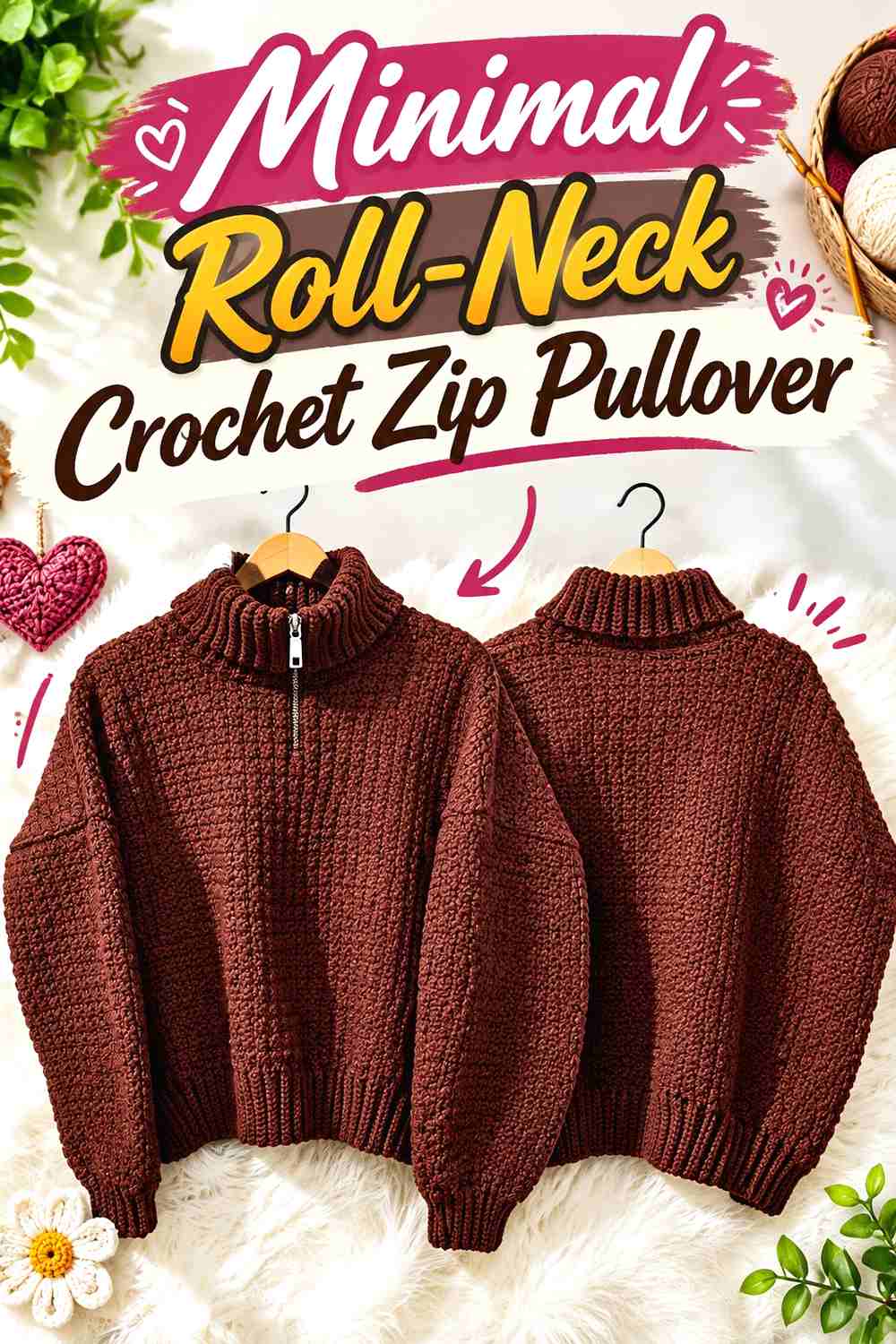 5. Minimal Roll-Neck Crochet Zip Pullover