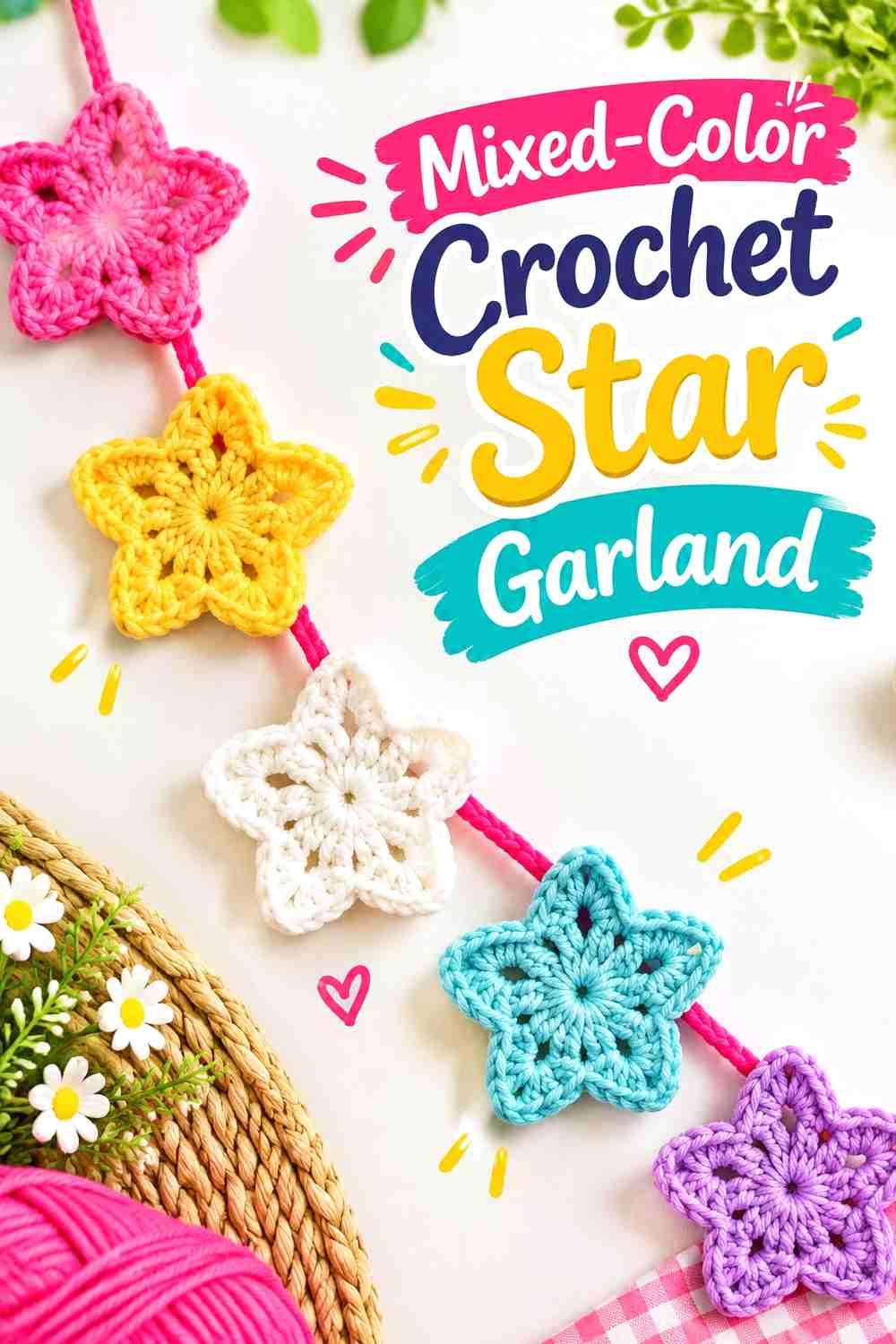 4. Mixed-Color Crochet Star Garland