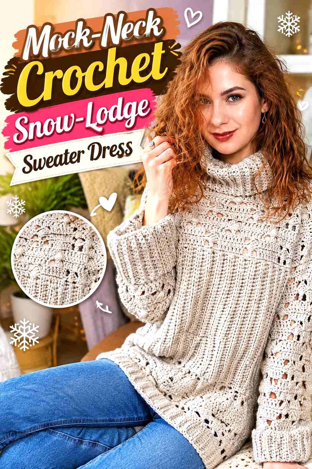 11. Mock-Neck Crochet Snow-Lodge Sweater Dress