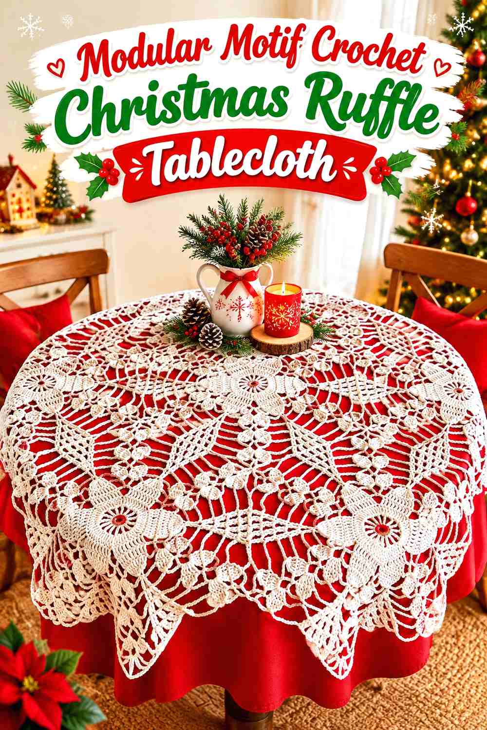 15. Modular Motif Crochet Christmas Ruffle Tablecloth