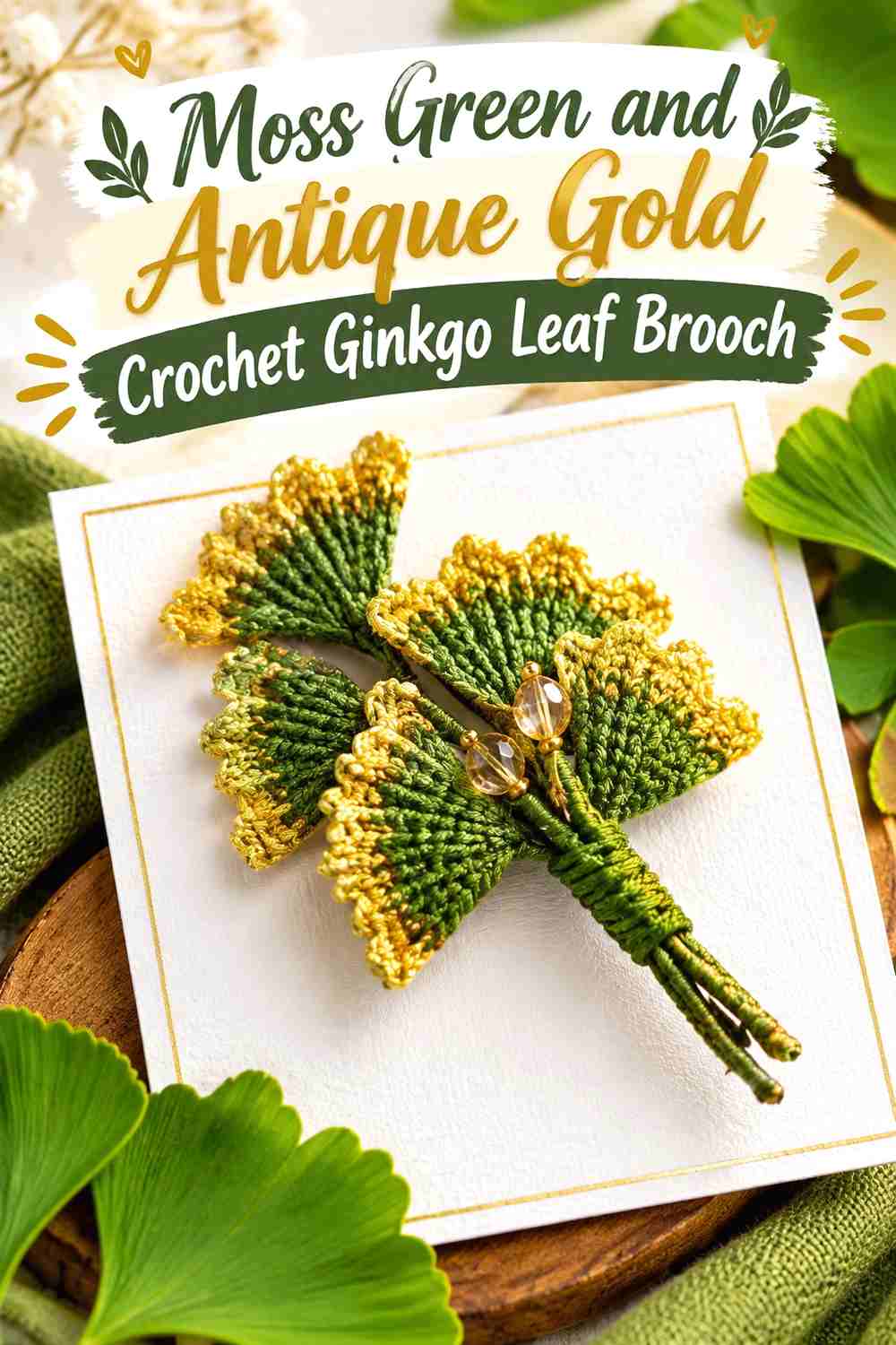 5. Moss Green And Antique Gold Crochet Ginkgo Leaf Brooch