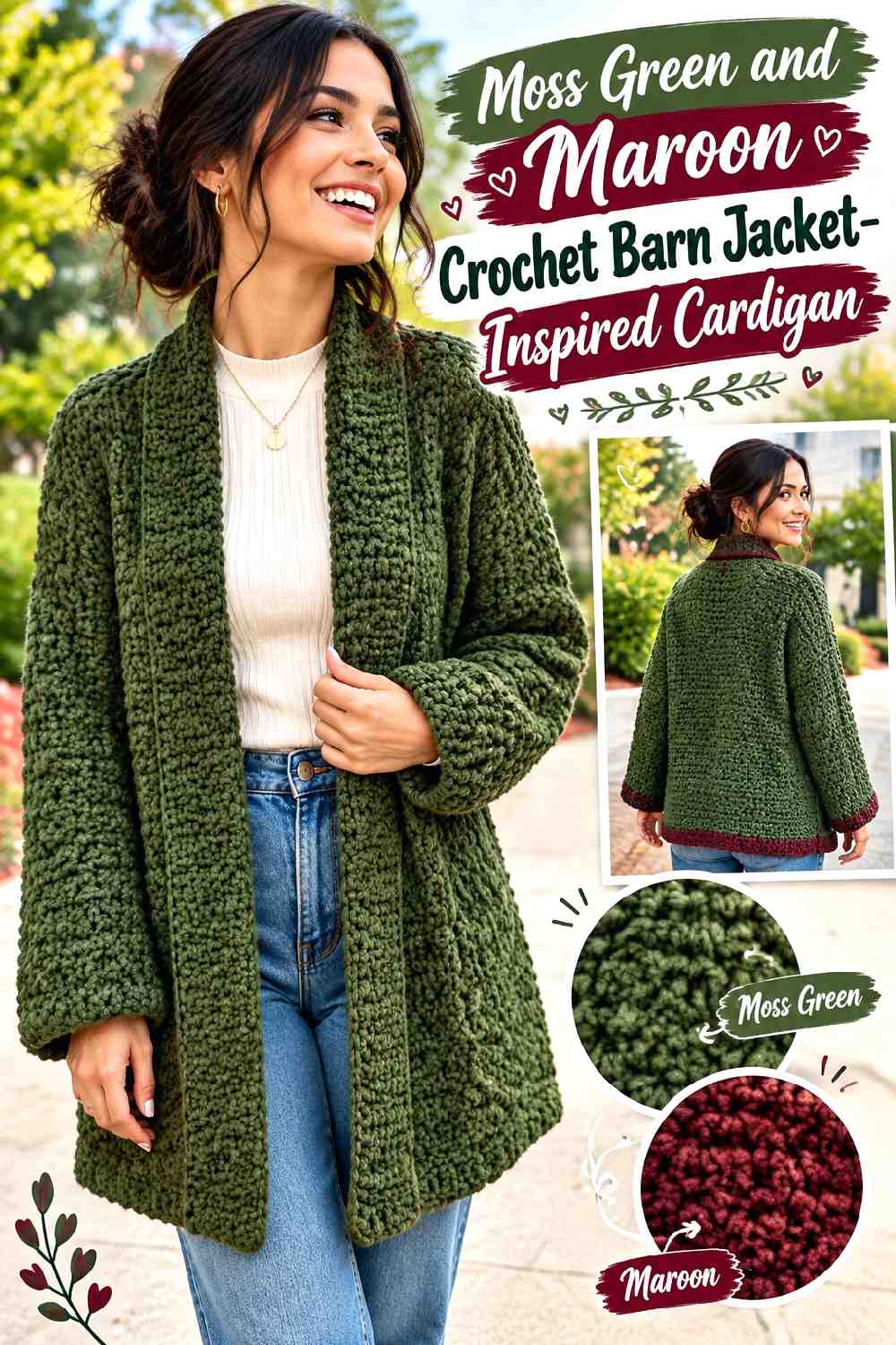 12. Moss Green And Maroon Crochet Barn Jacket Inspired Cardigan