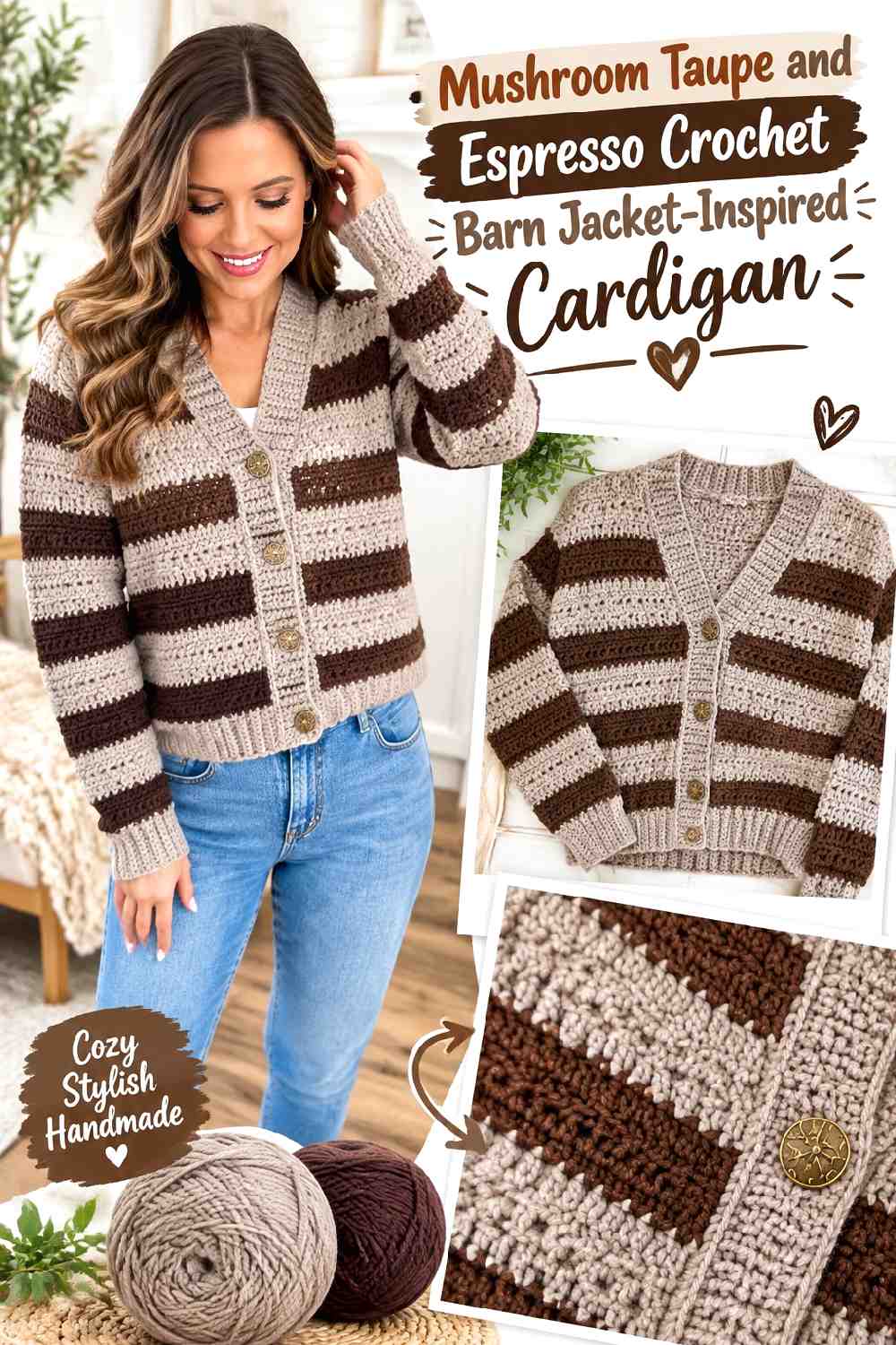 13. Mushroom Taupe And Espresso Crochet Barn Jacket Inspired Cardigan