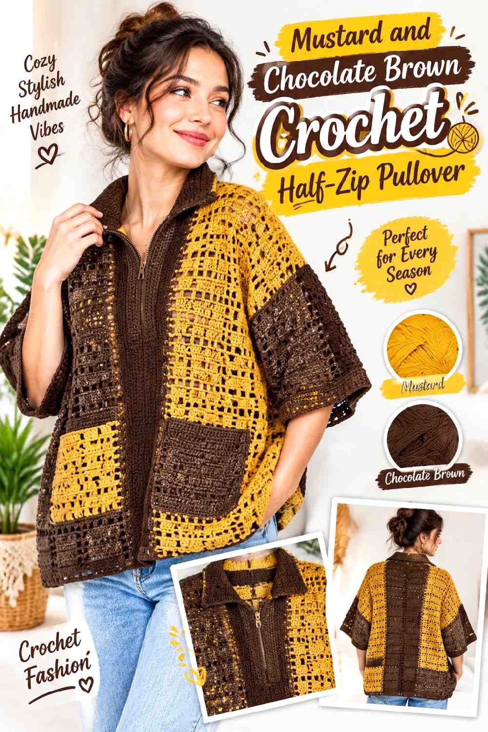 4. Mustard And Chocolate Brown Crochet Half Zip Pullover
