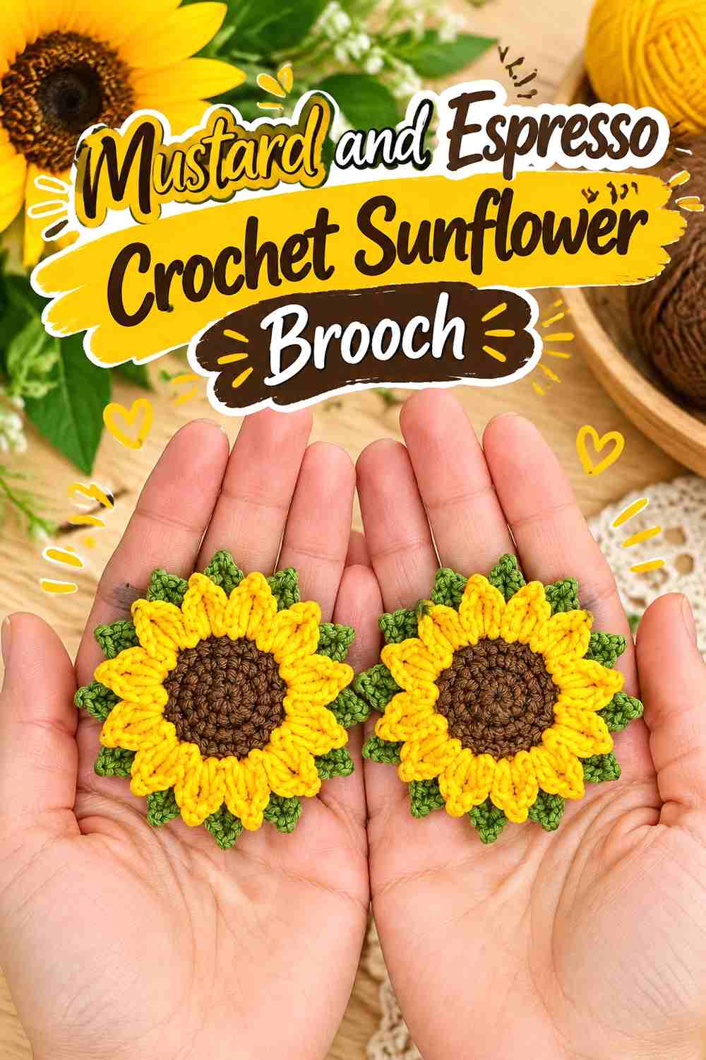 3. Mustard And Espresso Crochet Sunflower Brooch