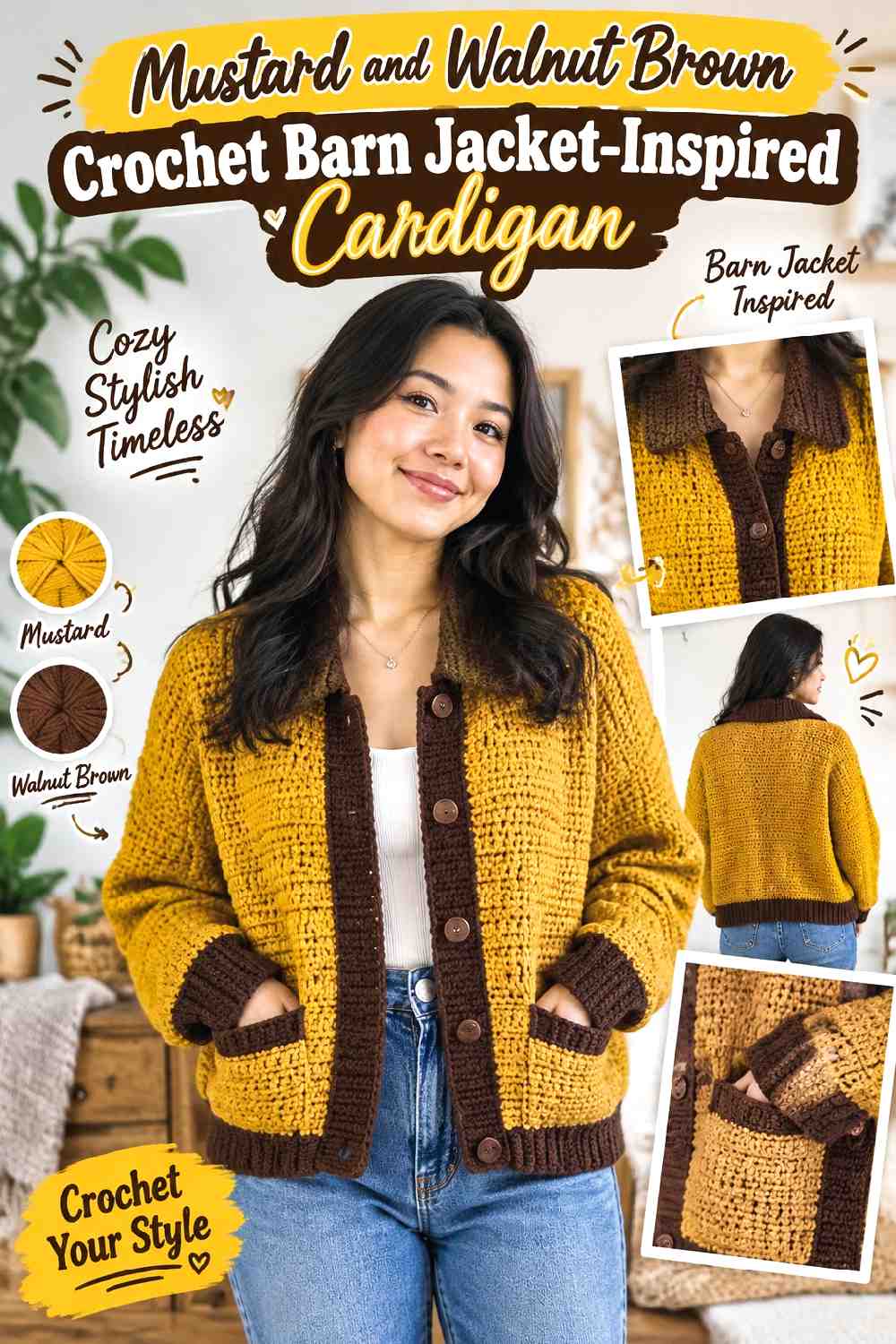 10. Mustard And Walnut Brown Crochet Barn Jacket Inspired Cardigan