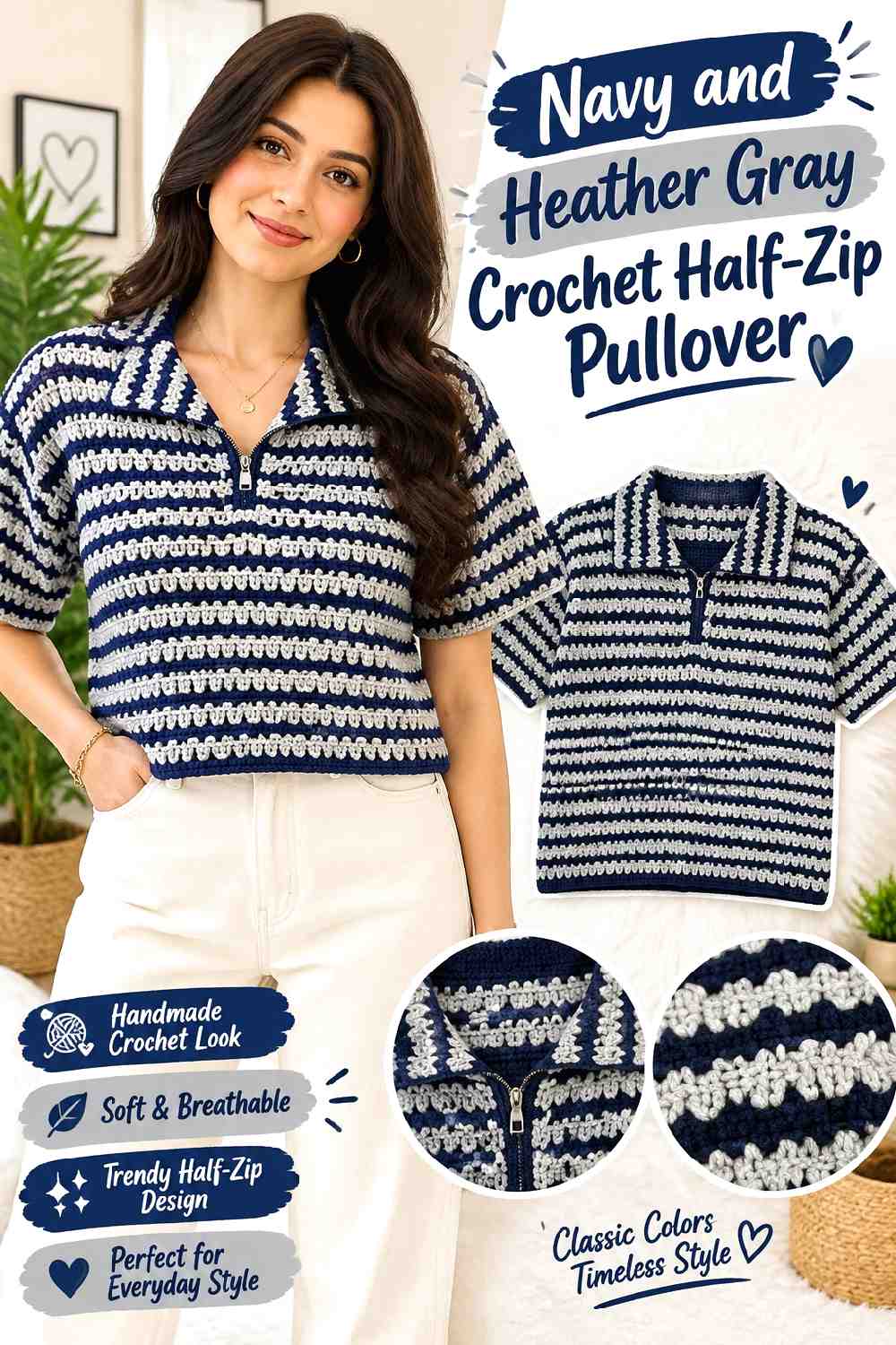 6. Navy And Heather Gray Crochet Half Zip Pullover