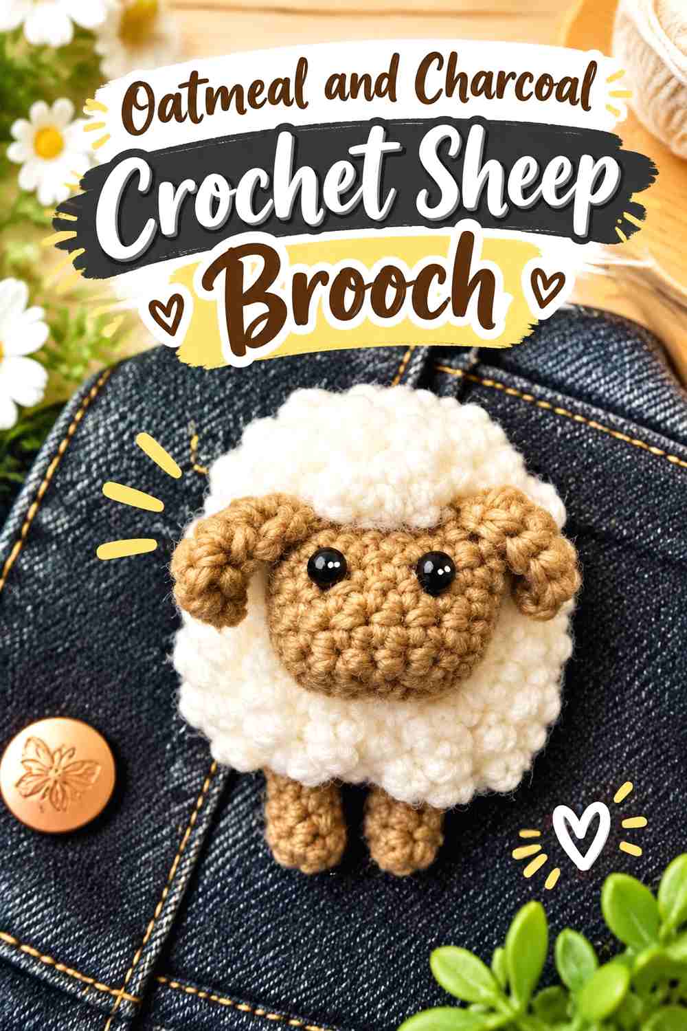 6. Oatmeal And Charcoal Crochet Sheep Brooch