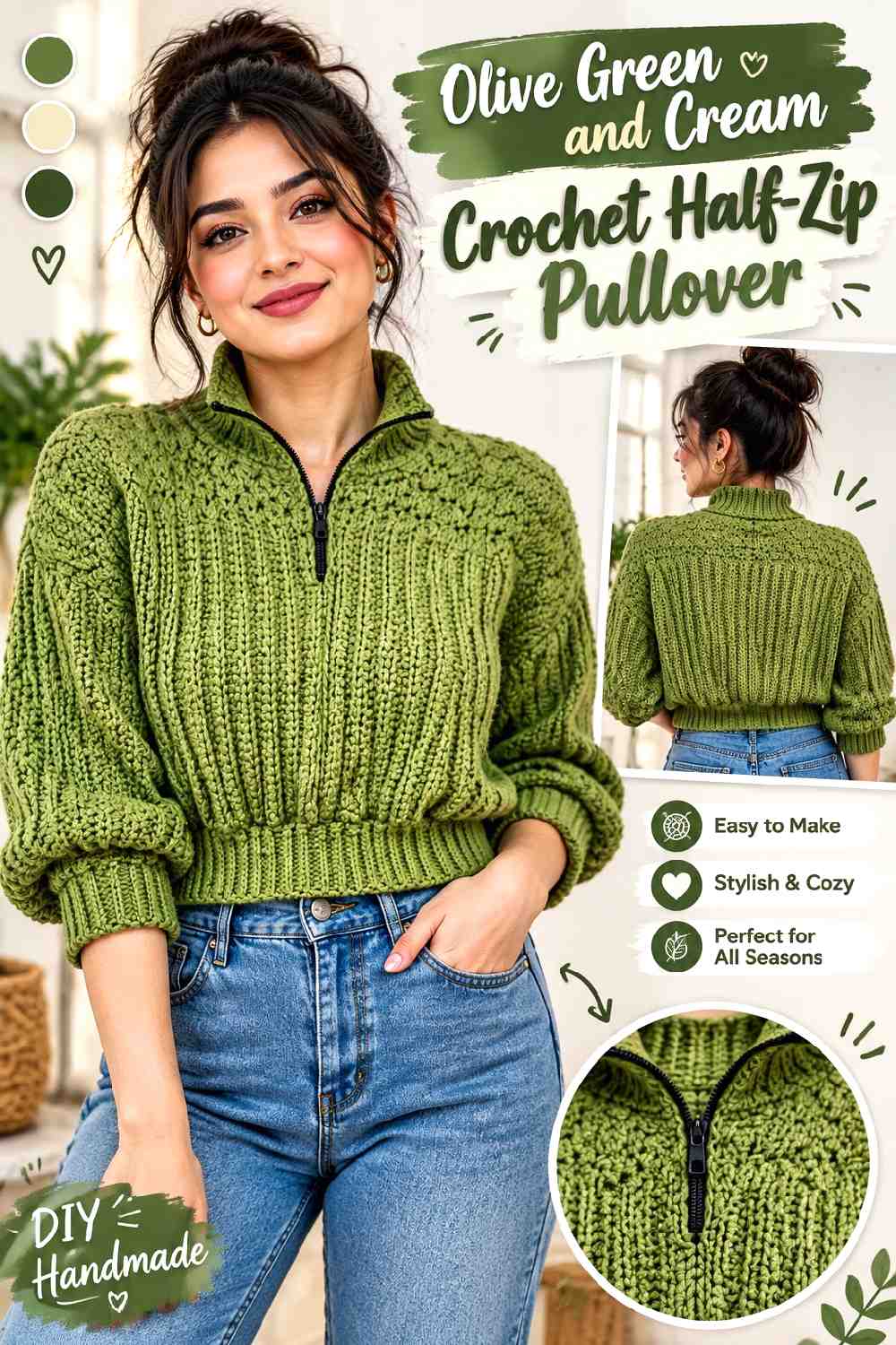 1. Olive Green And Cream Crochet Half Zip Pullover