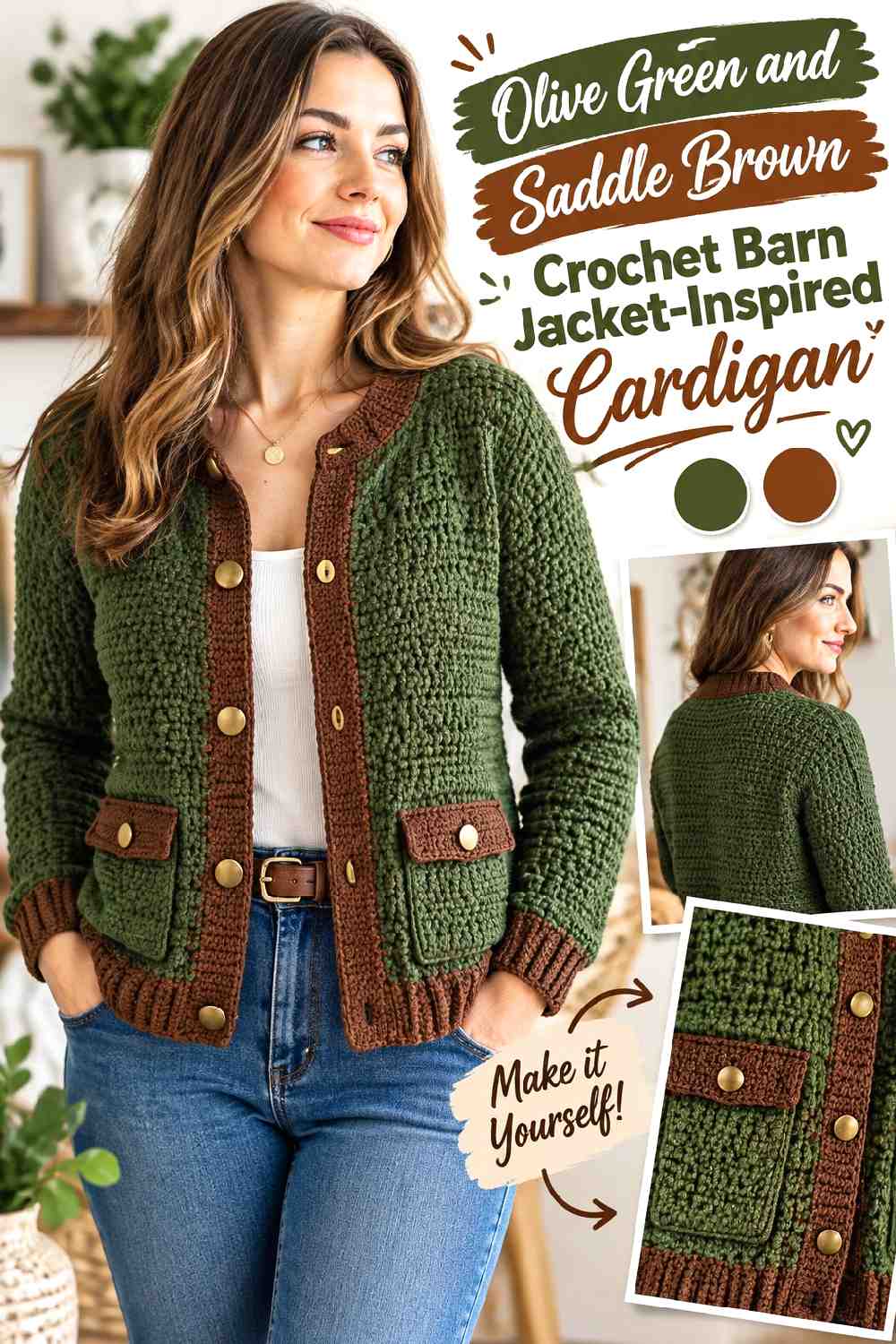1. Olive Green And Saddle Brown Crochet Barn Jacket Inspired Cardigan