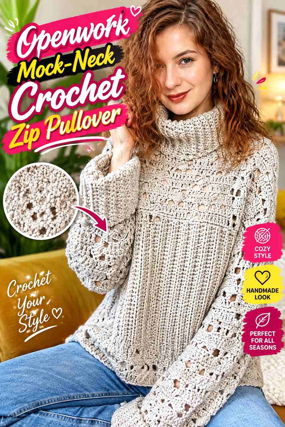 15. Openwork Mock-Neck Crochet Zip Pullover