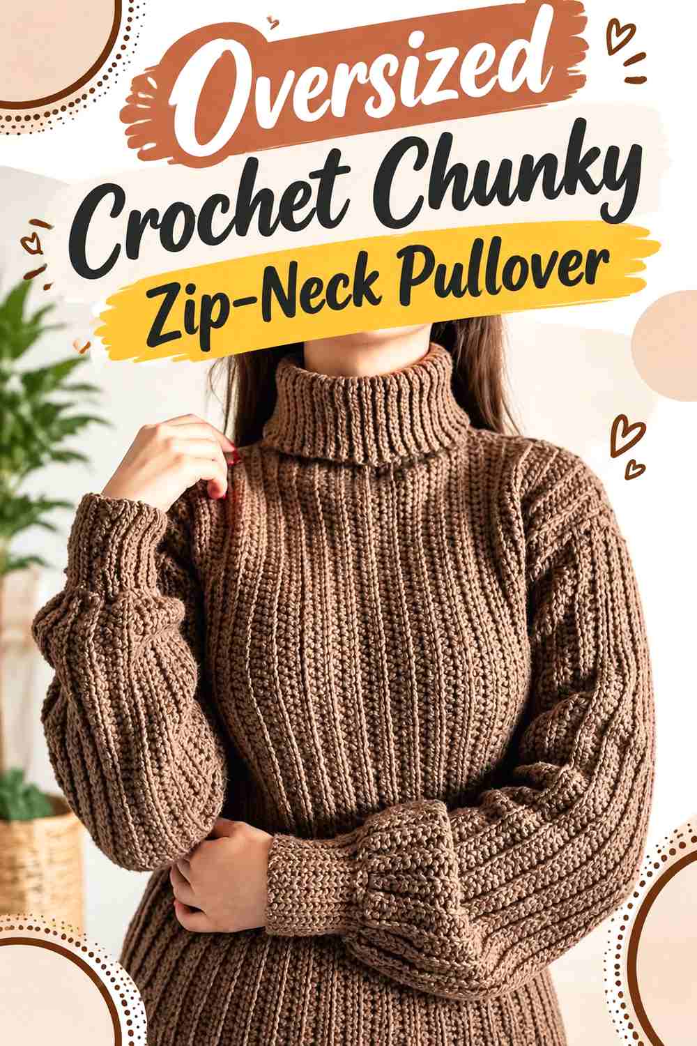 13. Oversized Crochet Chunky Zip-Neck Pullover