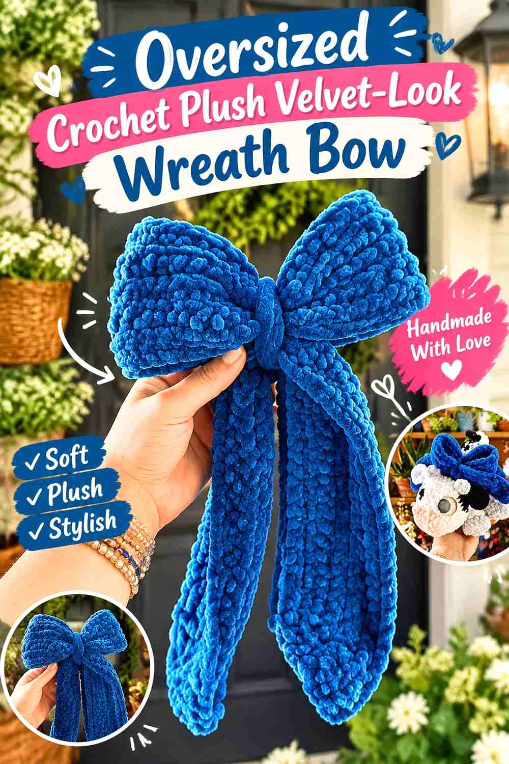 1. Oversized Crochet Plush Velvet-Look Wreath Bow