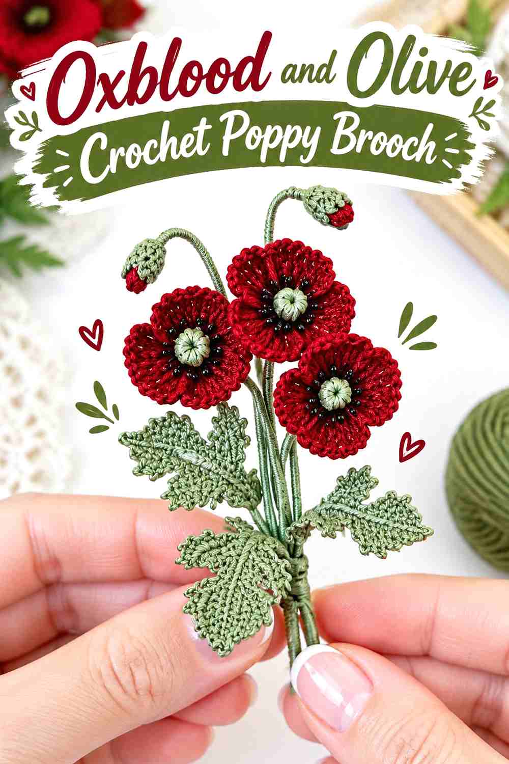 2. Oxblood And Olive Crochet Poppy Brooch