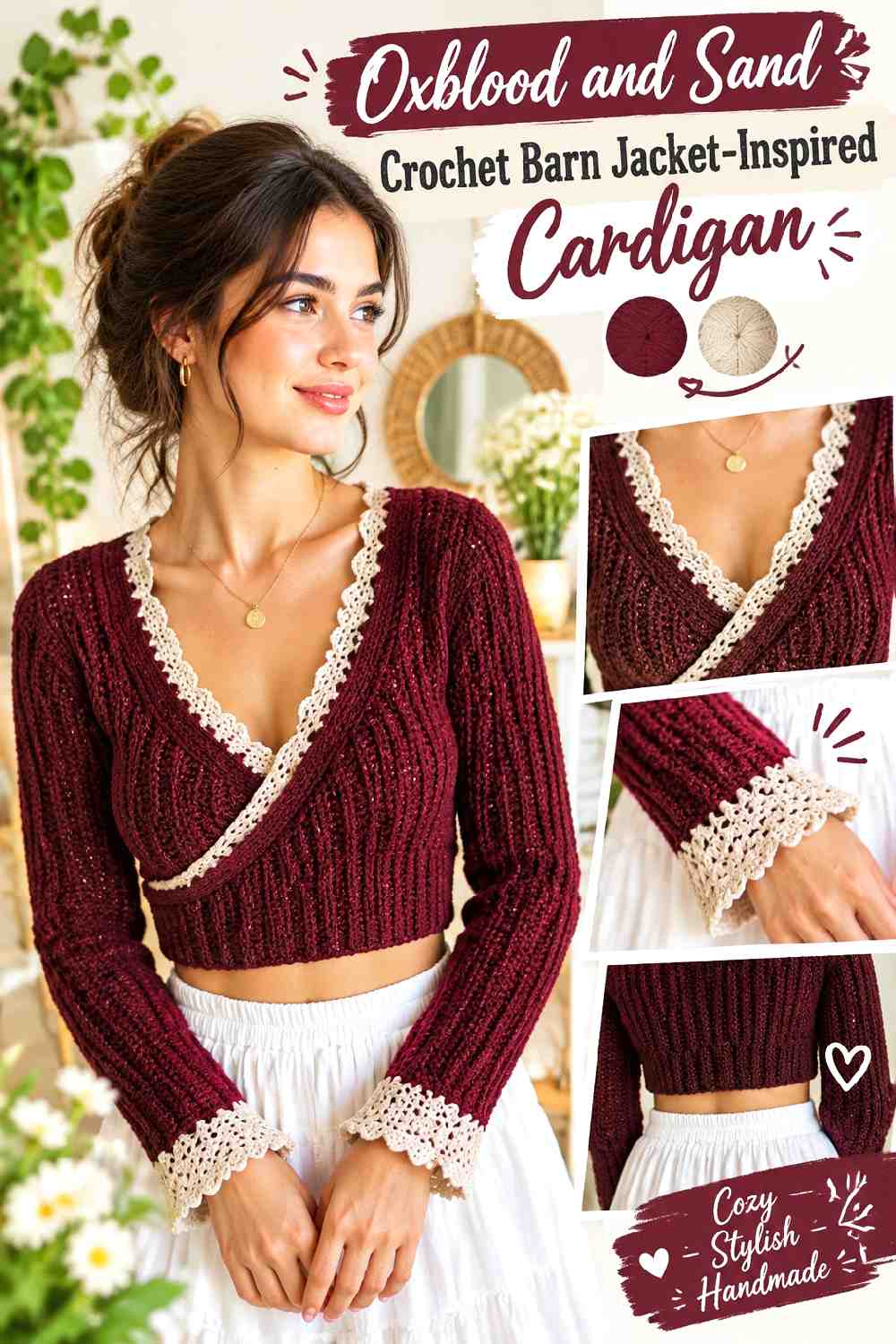 7. Oxblood And Sand Crochet Barn Jacket Inspired Cardigan