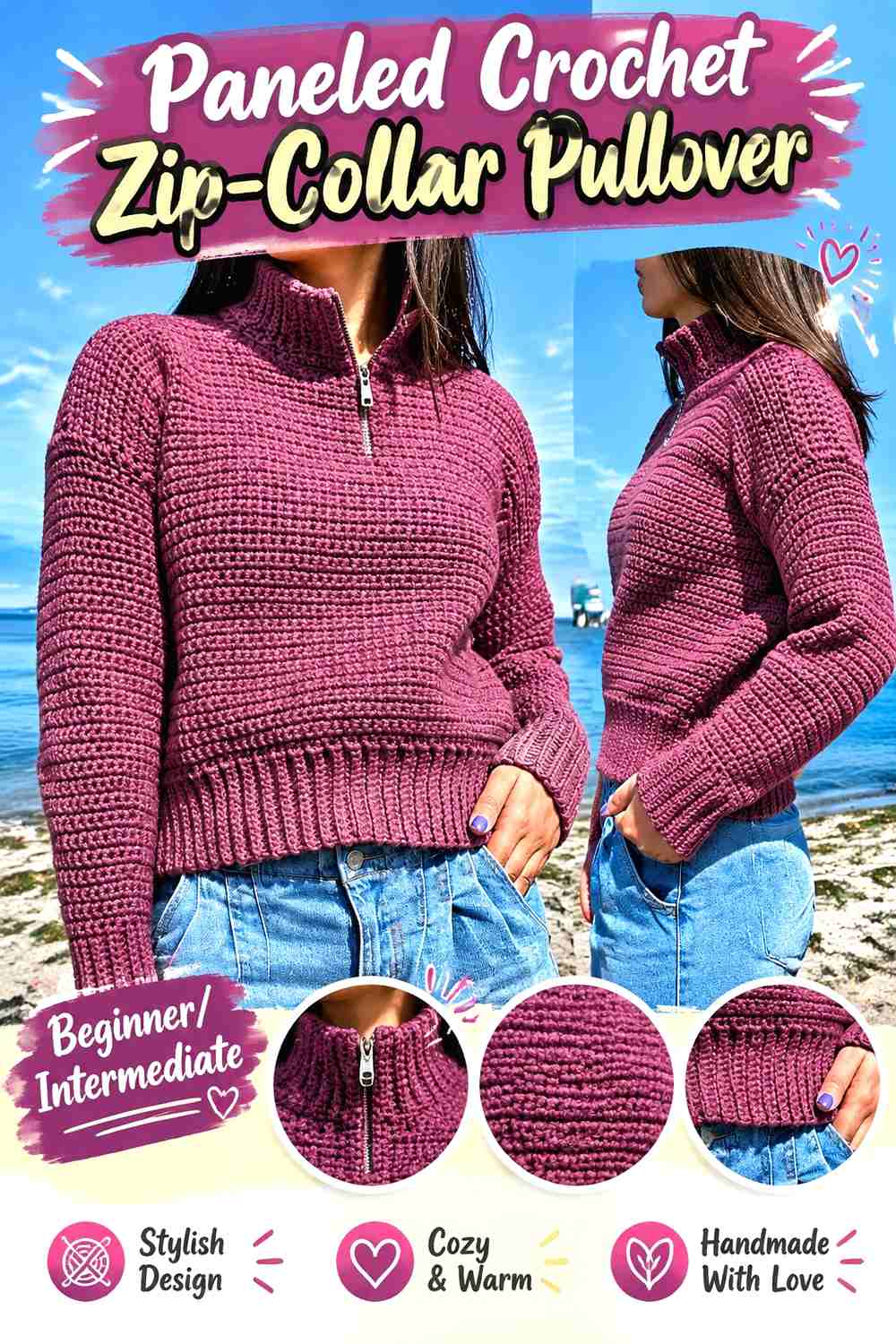 7. Paneled Crochet Zip-Collar Pullover