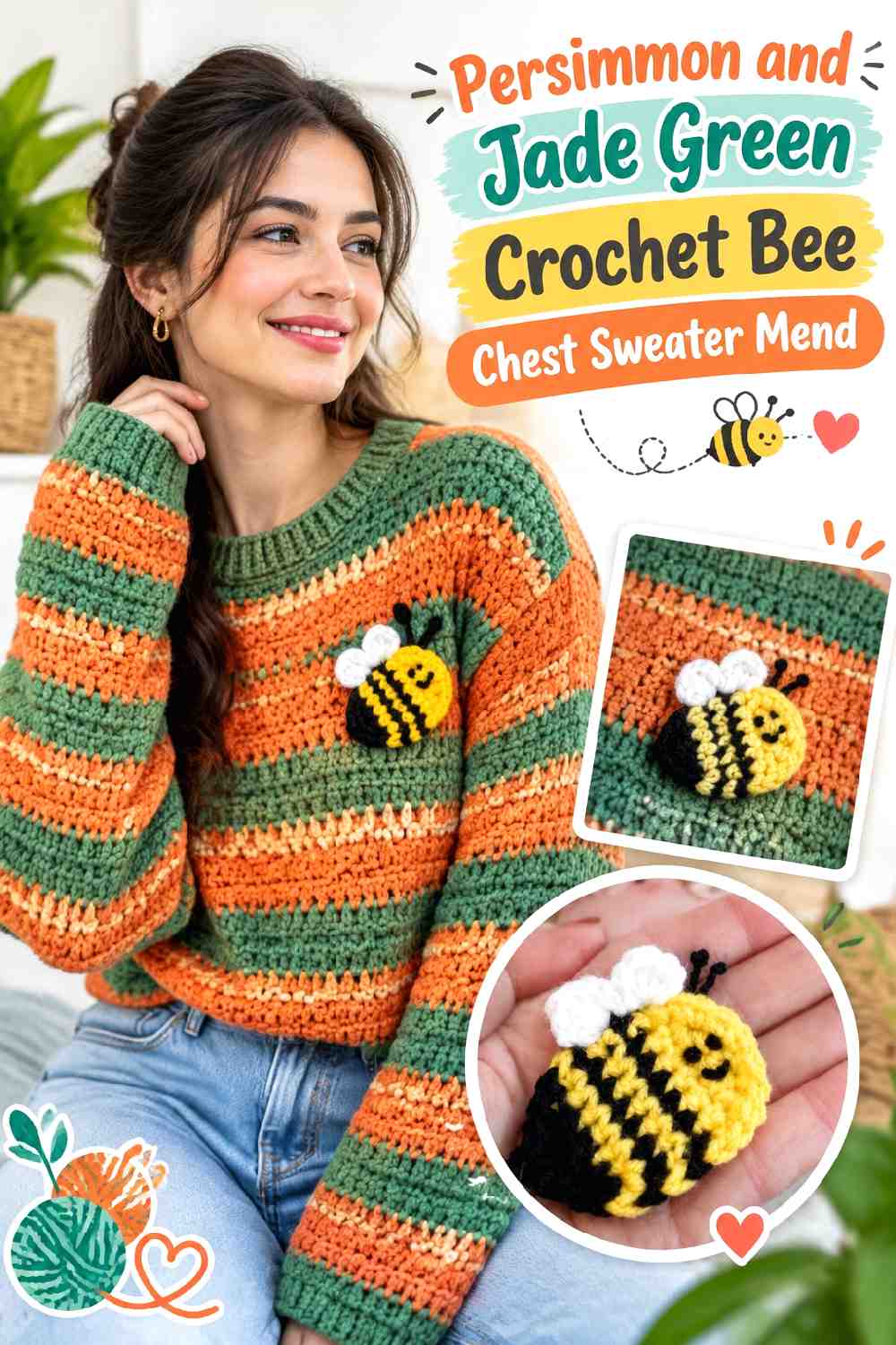 9. Persimmon and Jade Green Crochet Bee Chest Sweater Mend