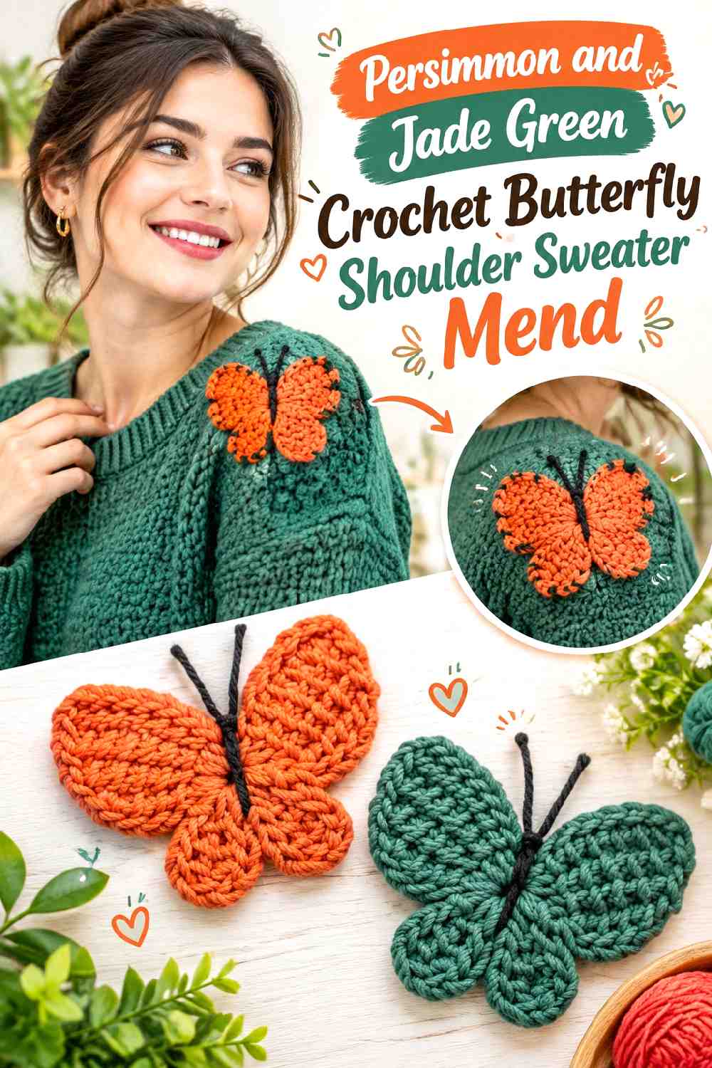 10. Persimmon and Jade Green Crochet Butterfly Shoulder Sweater Mend