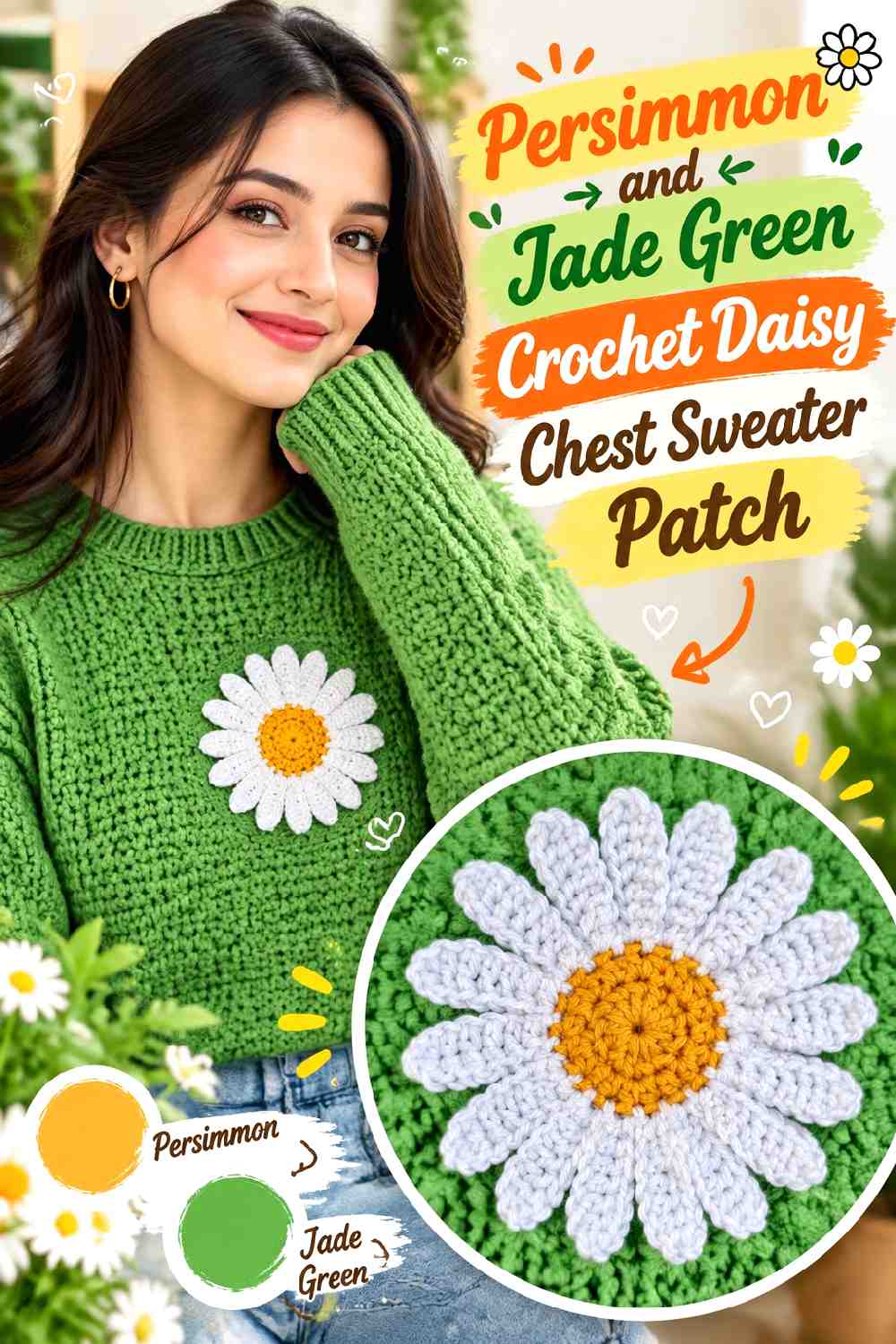 5. Persimmon and Jade Green Crochet Daisy Chest Sweater Patch