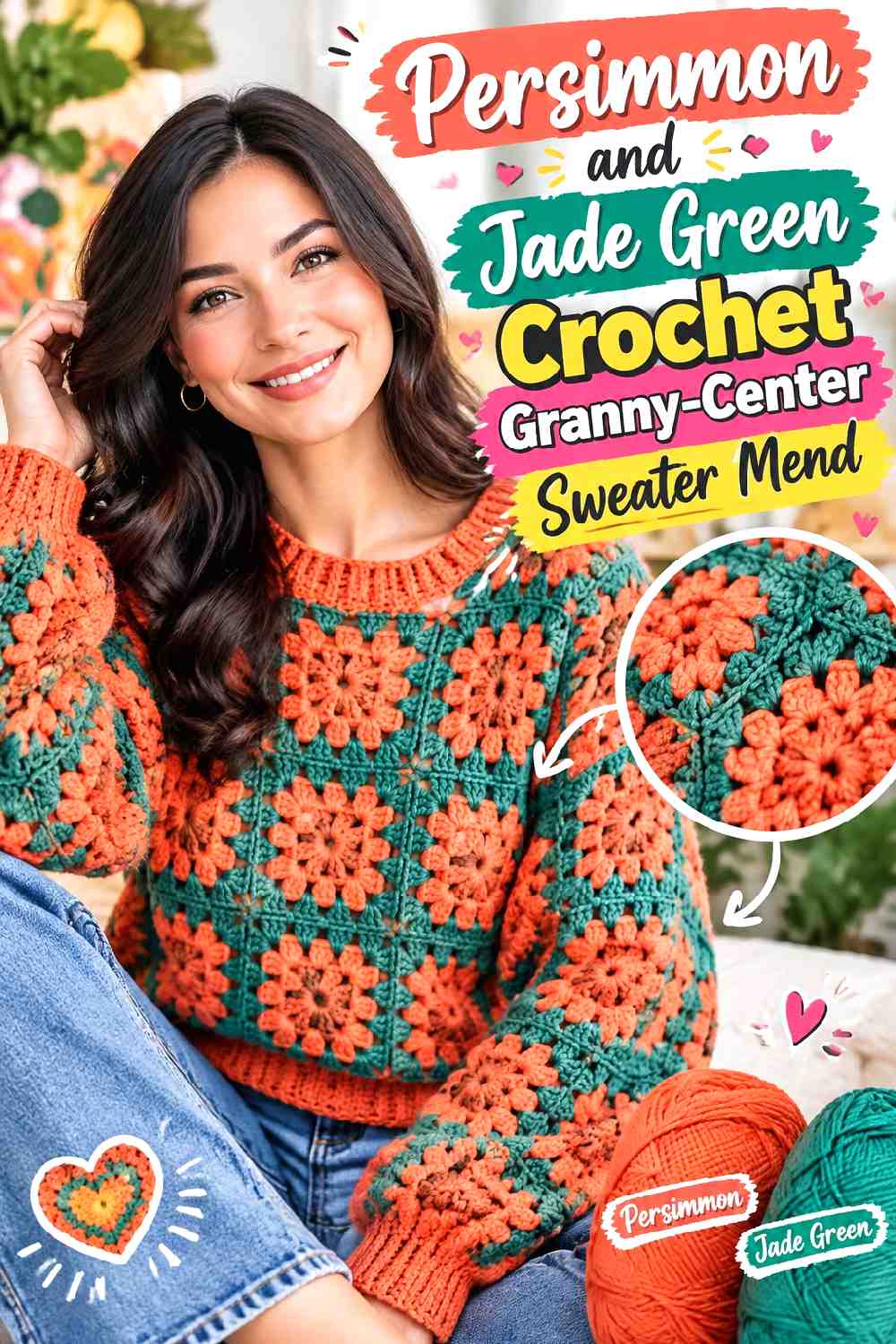 1. Persimmon and Jade Green Crochet Granny-Center Sweater Mend