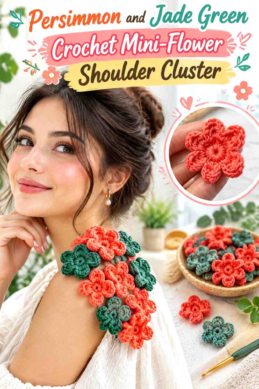 6. Persimmon and Jade Green Crochet Mini-Flower Shoulder Cluster