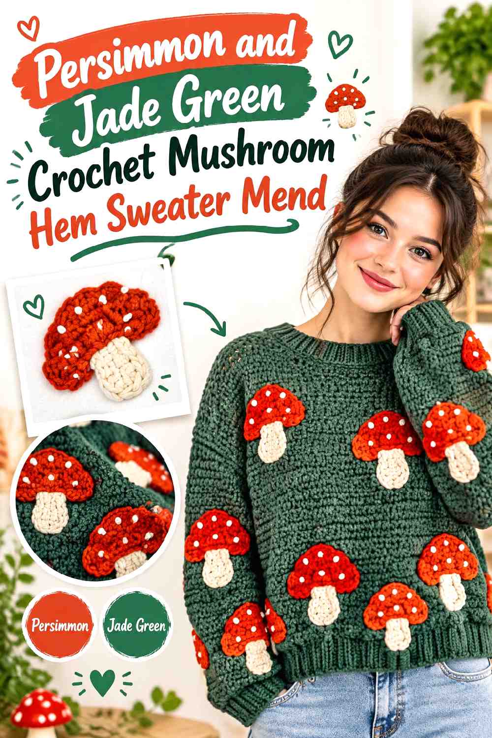 11. Persimmon and Jade Green Crochet Mushroom Hem Sweater Mend