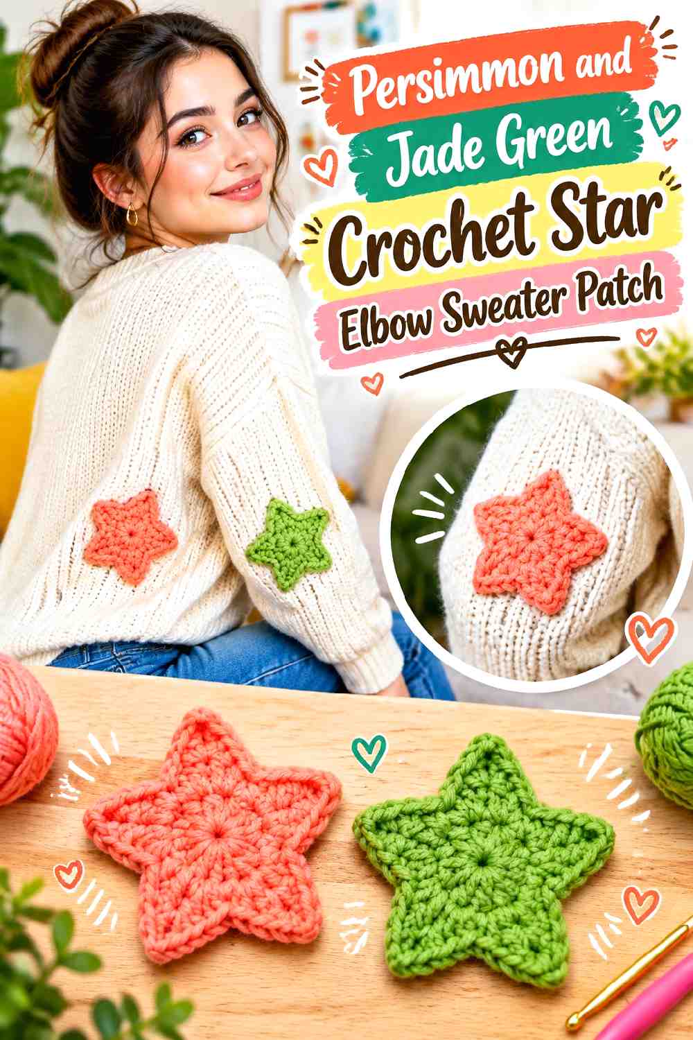 3. Persimmon and Jade Green Crochet Star Elbow Sweater Patch