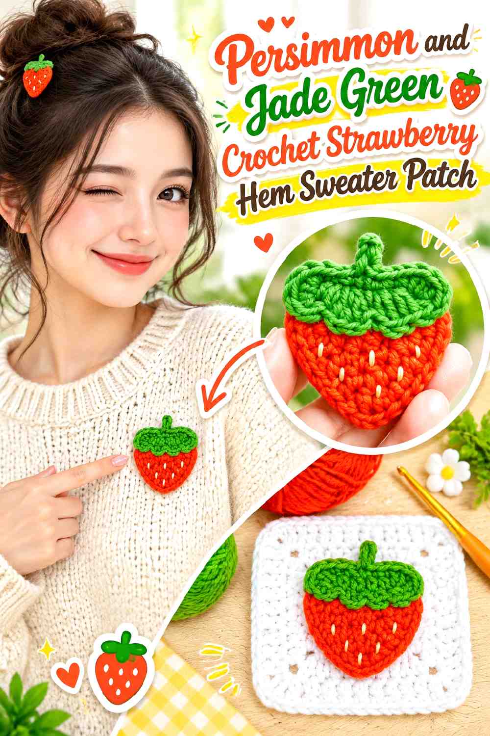 13. Persimmon and Jade Green Crochet Strawberry Hem Sweater Patch