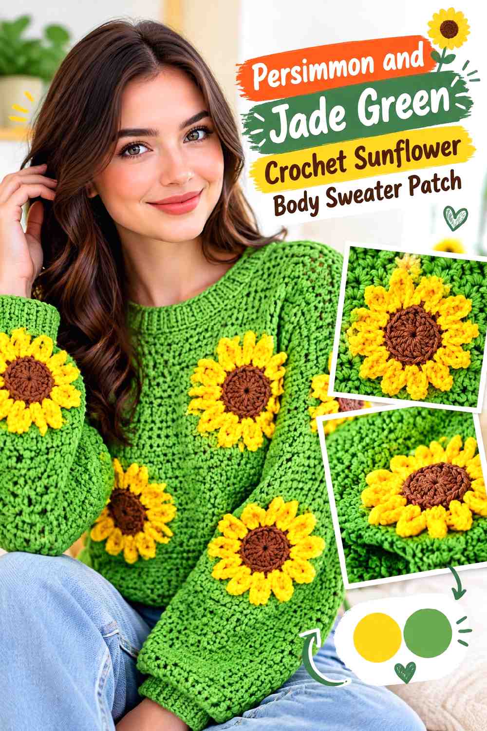 7. Persimmon and Jade Green Crochet Sunflower Body Sweater Patch