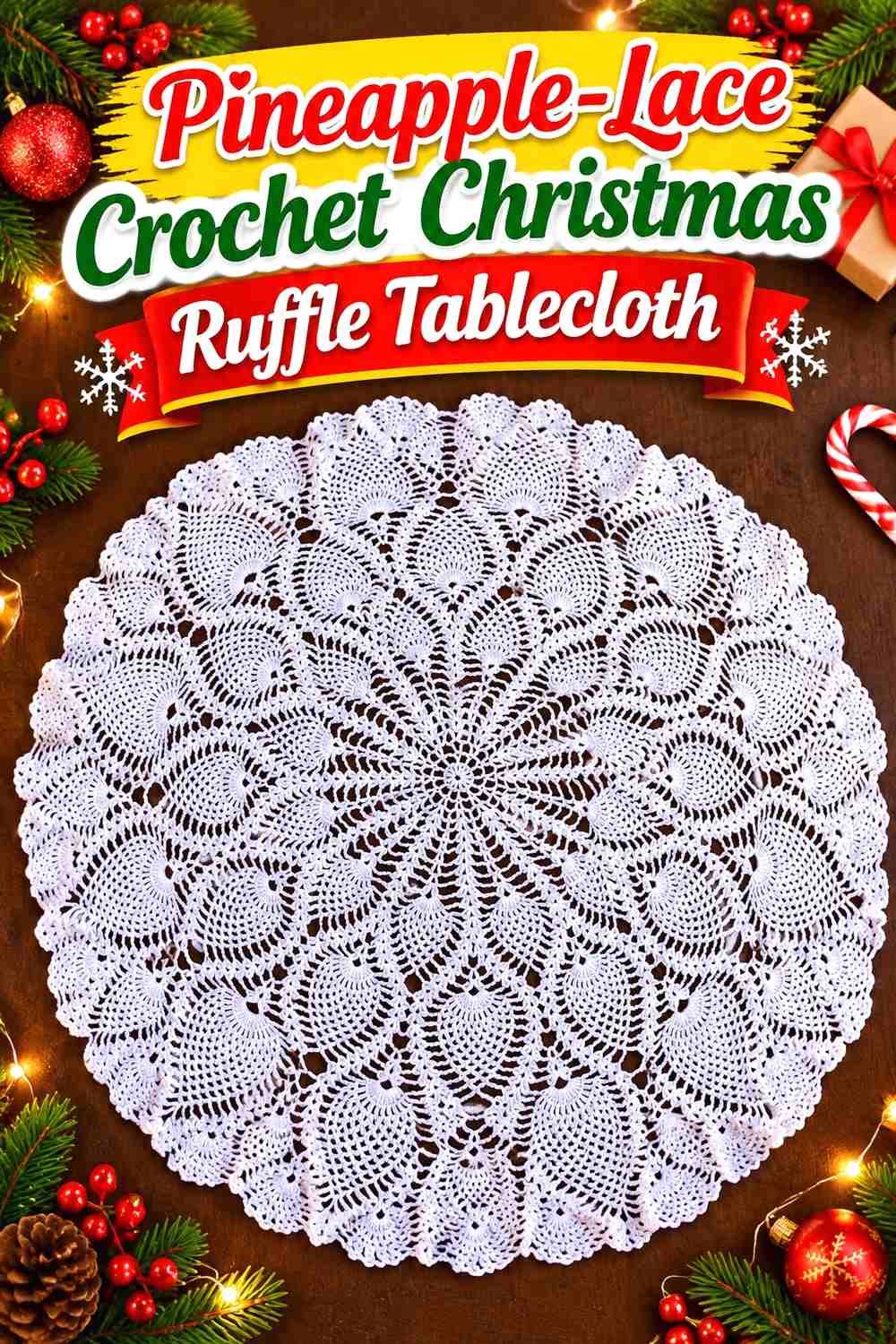 10. Pineapple-Lace Crochet Christmas Ruffle Tablecloth