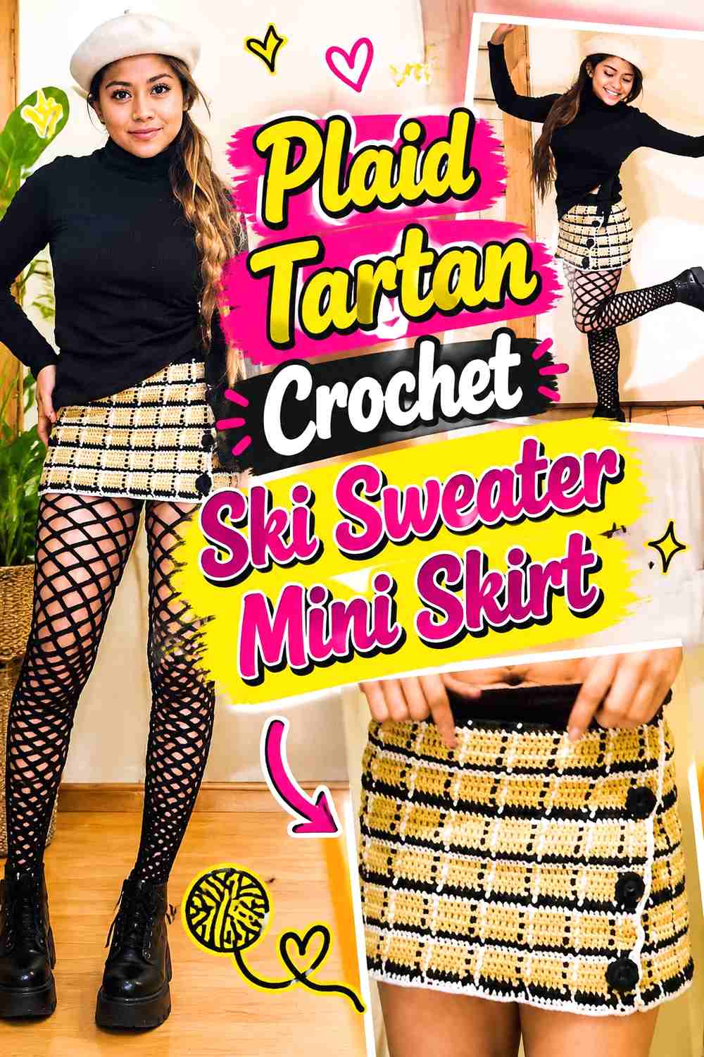 1. Plaid Tartan Crochet Ski Sweater Mini Skirt