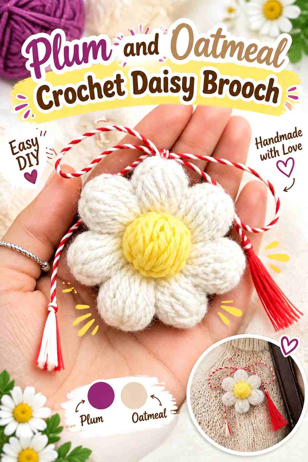4. Plum And Oatmeal Crochet Daisy Brooch