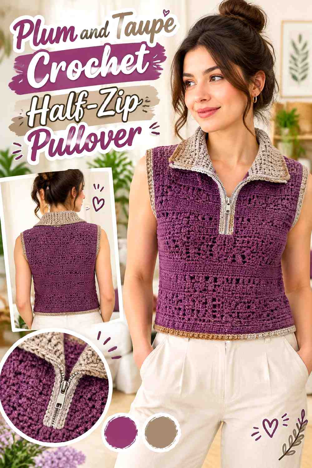 9. Plum And Taupe Crochet Half Zip Pullover