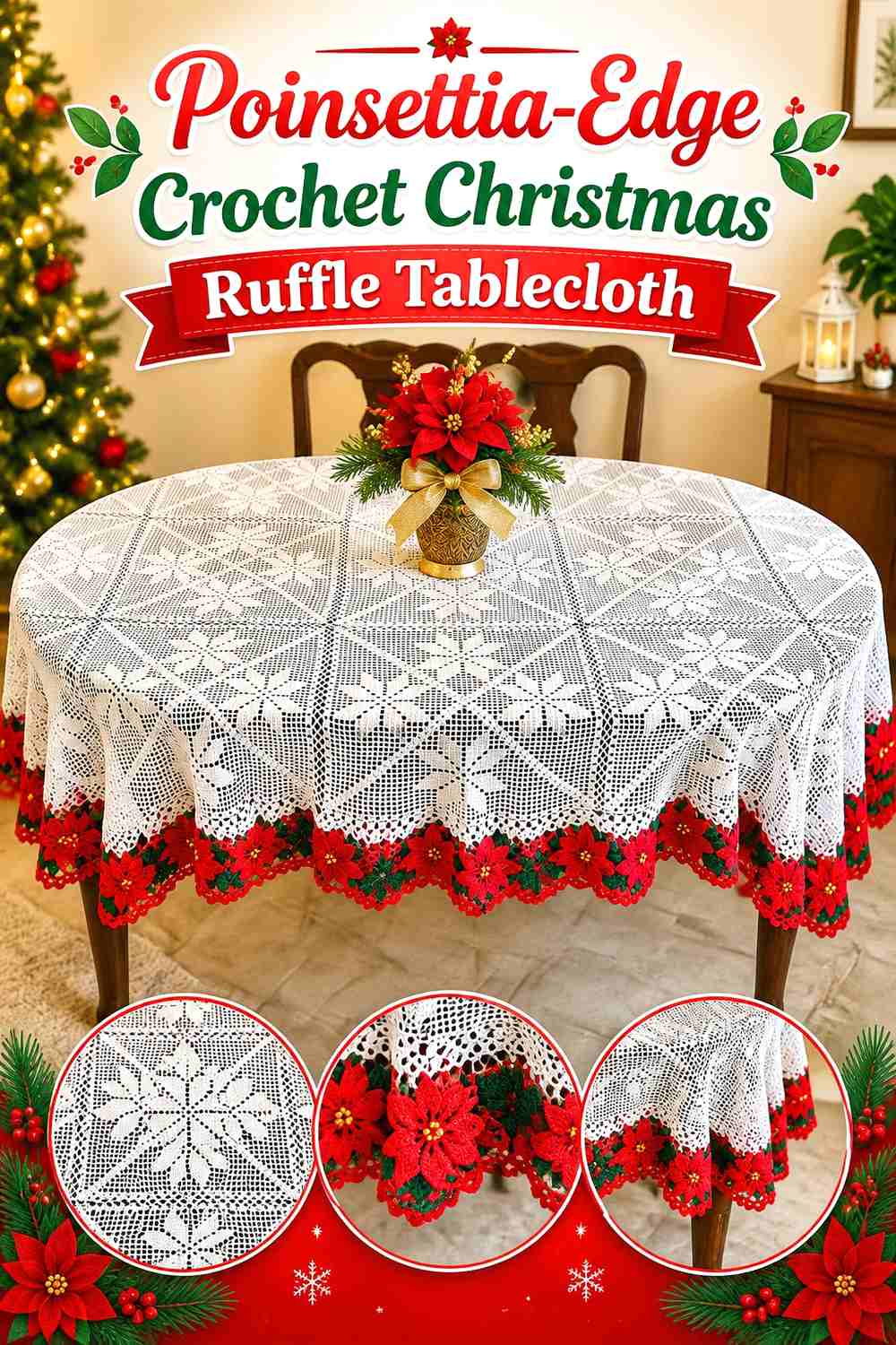 3. Poinsettia-Edge Crochet Christmas Ruffle Tablecloth