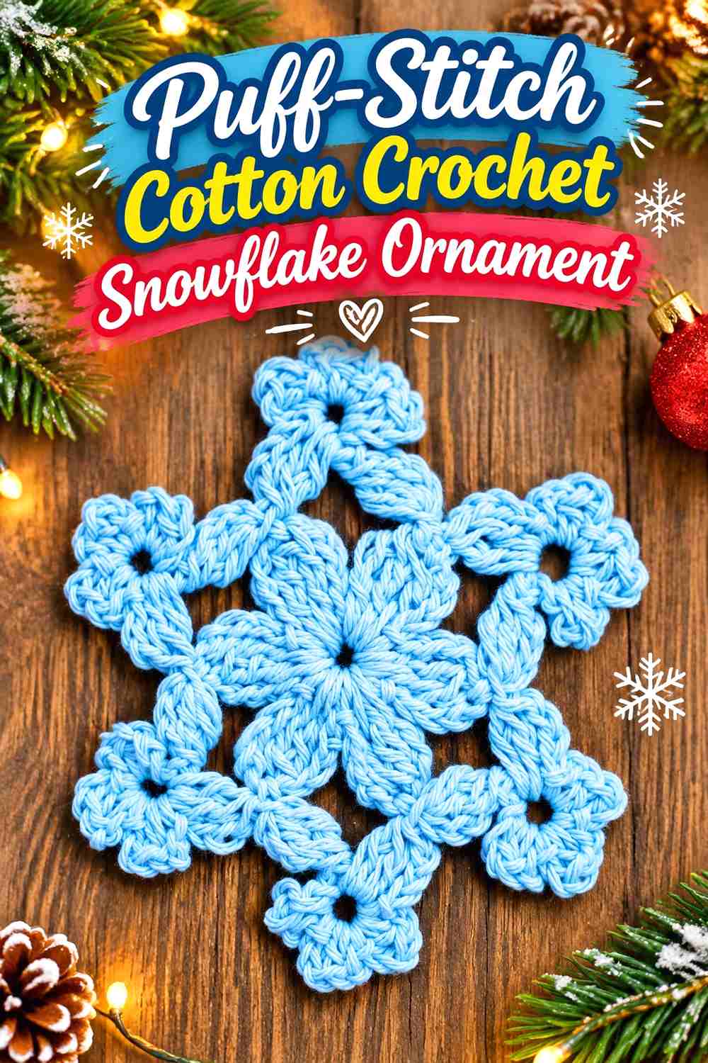1. Puff-Stitch Cotton Crochet Snowflake Ornament