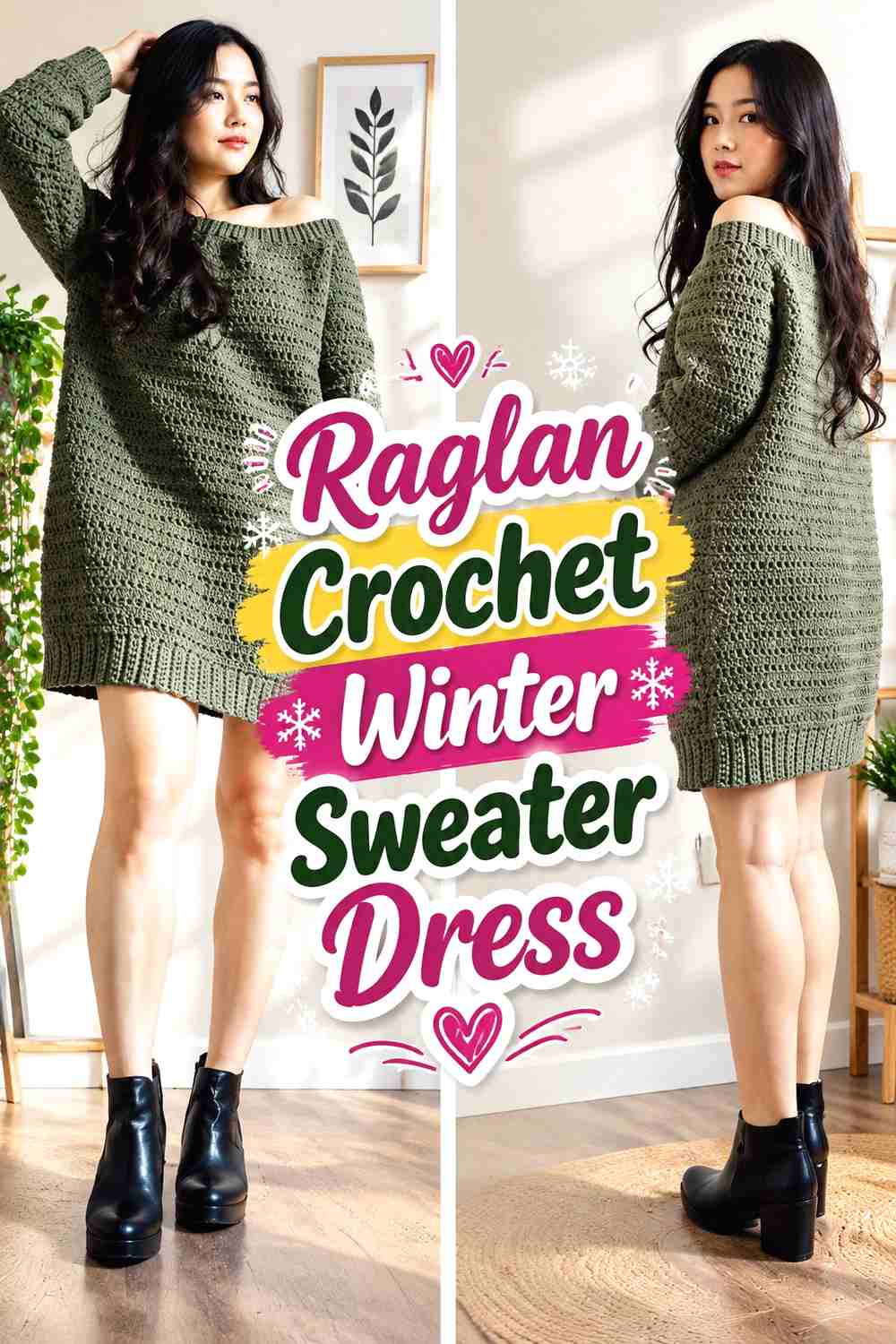 5. Raglan Crochet Winter Sweater Dress