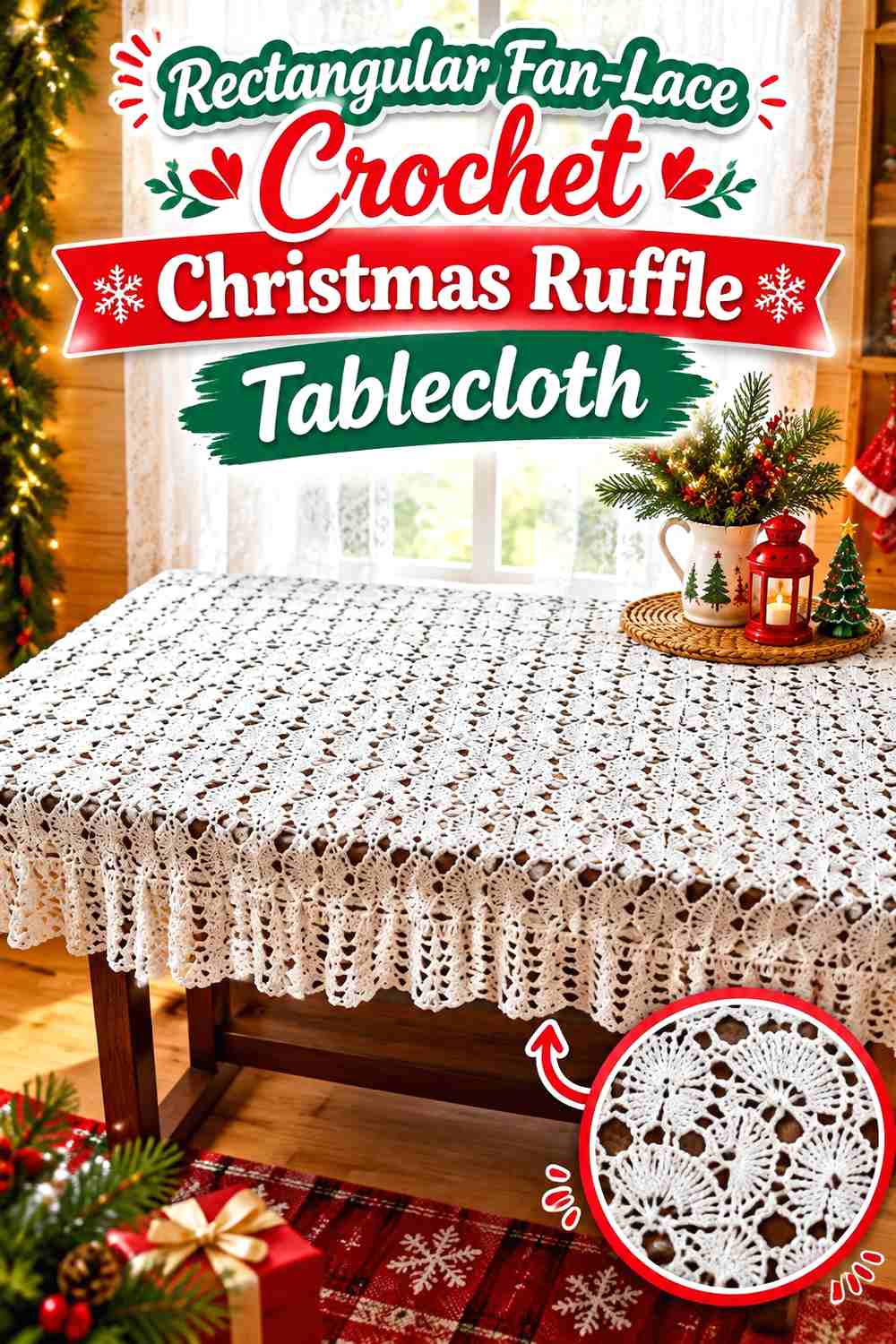 9. Rectangular Fan-Lace Crochet Christmas Ruffle Tablecloth